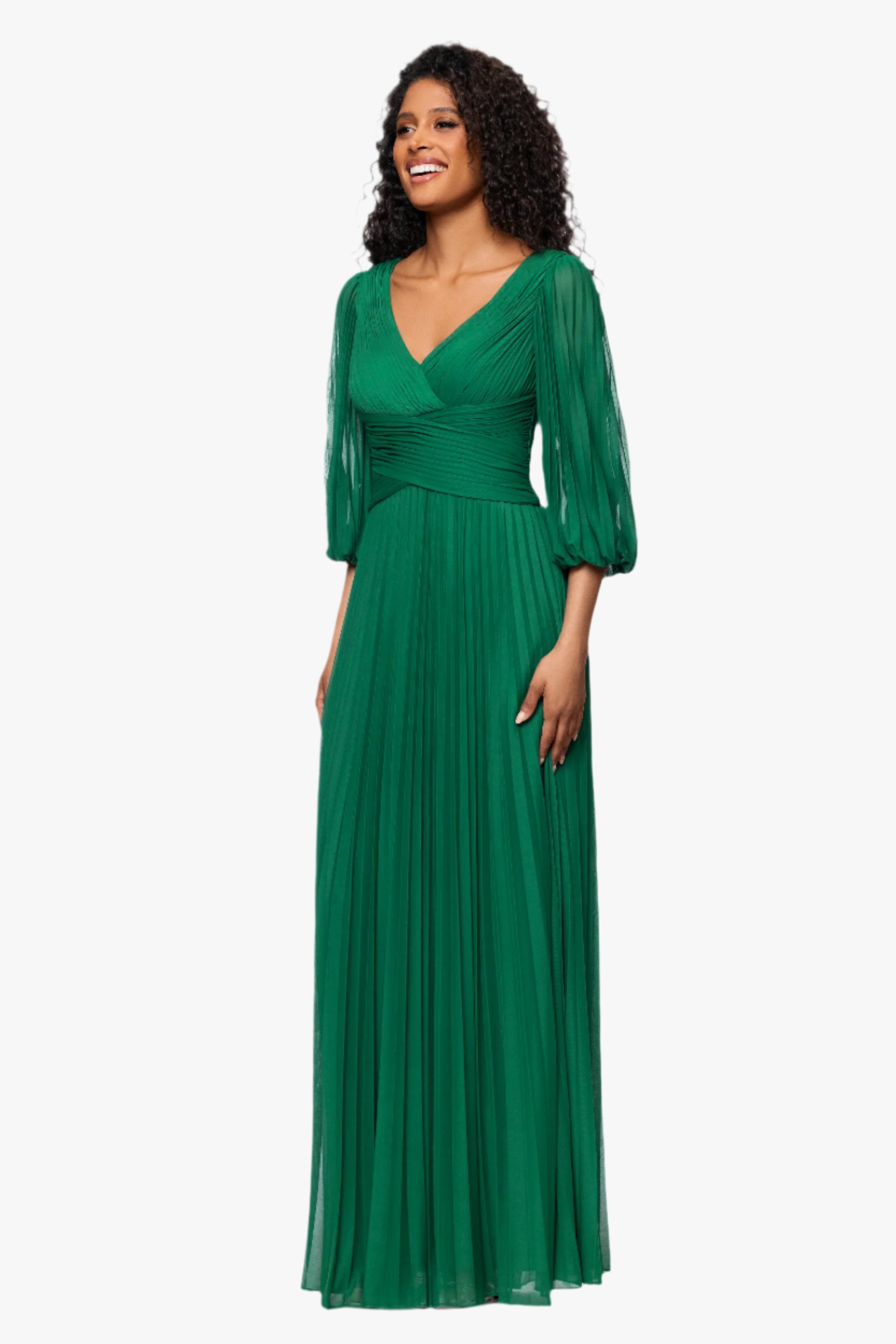 Petite "Saraya" Sheer Matter Jersey 3/4 Sleeve V-Neck Floor Length Dress