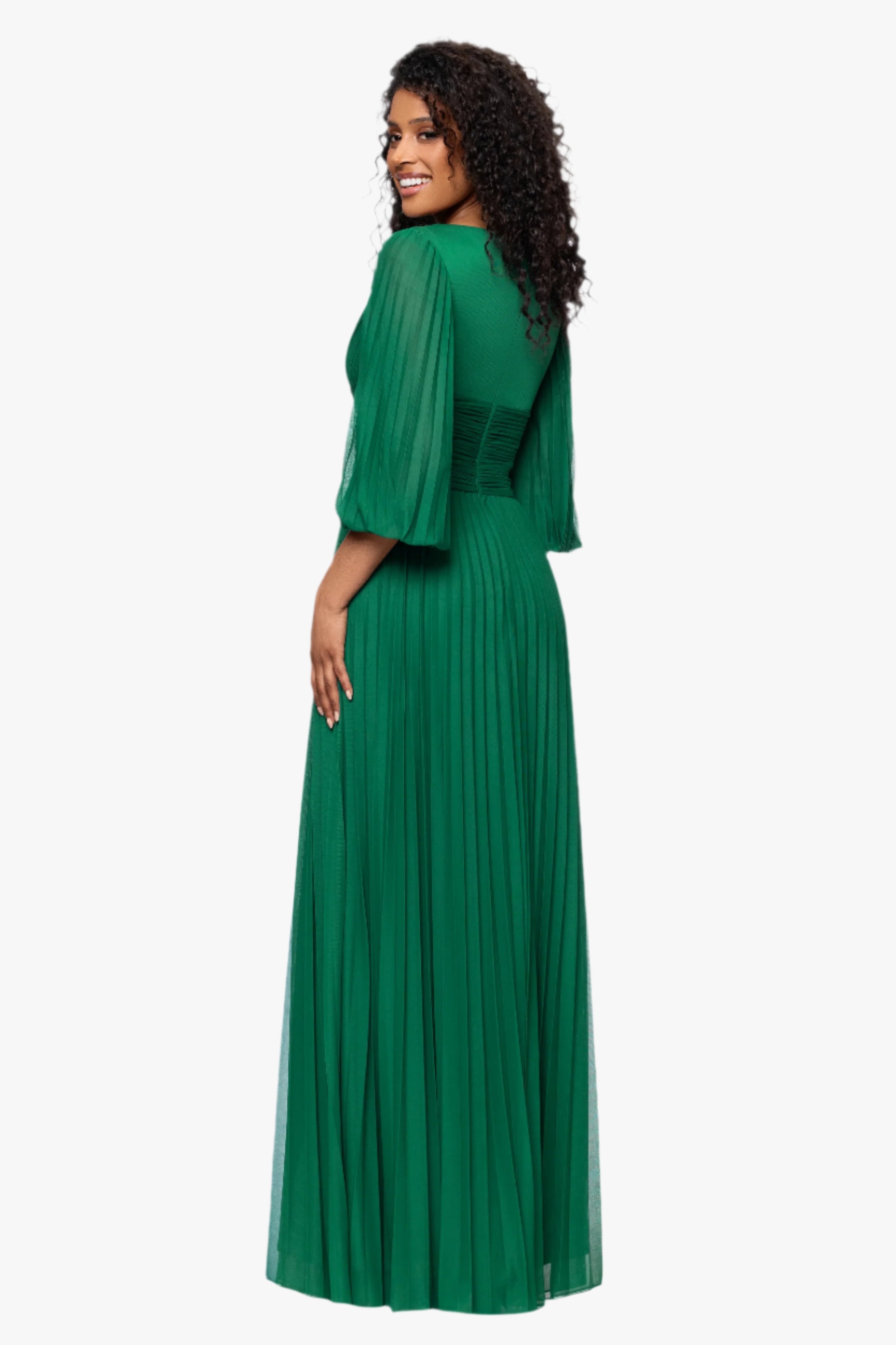 Petite "Saraya" Sheer Matter Jersey 3/4 Sleeve V-Neck Floor Length Dress