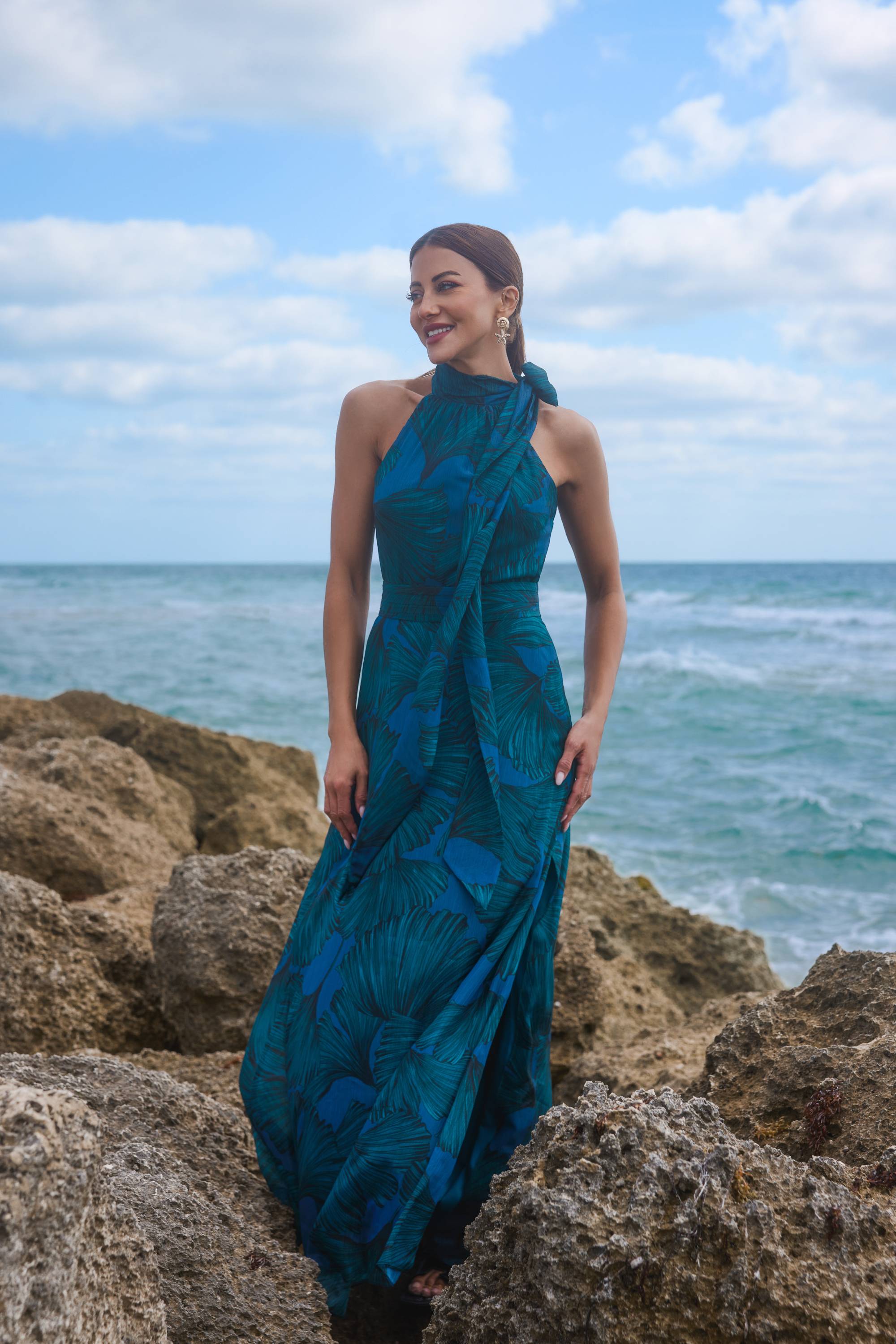 "Devina" Print Chiffon Shimmer Tieneck Floor Length Dress