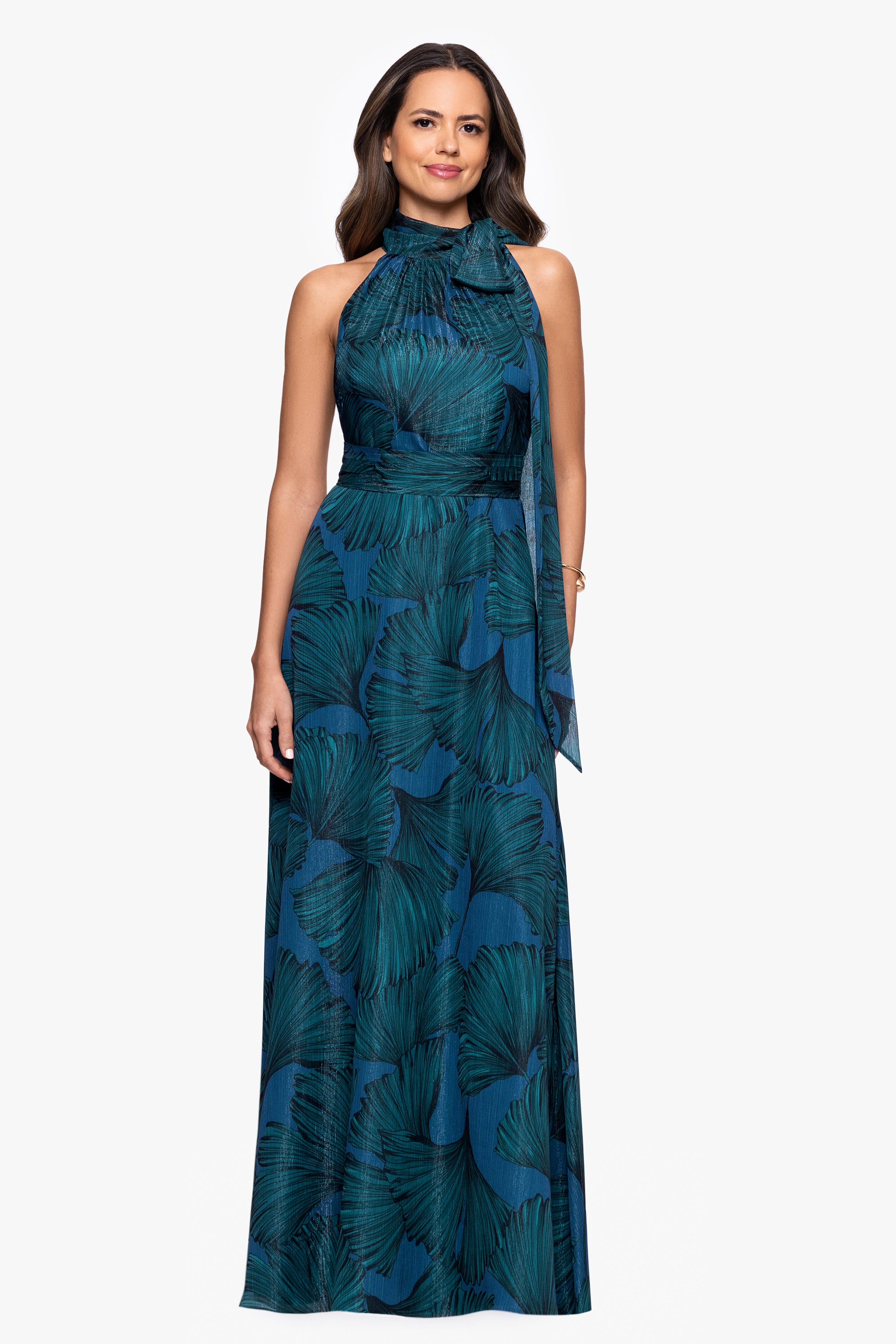 "Devina" Print Chiffon Shimmer Tieneck Floor Length Dress