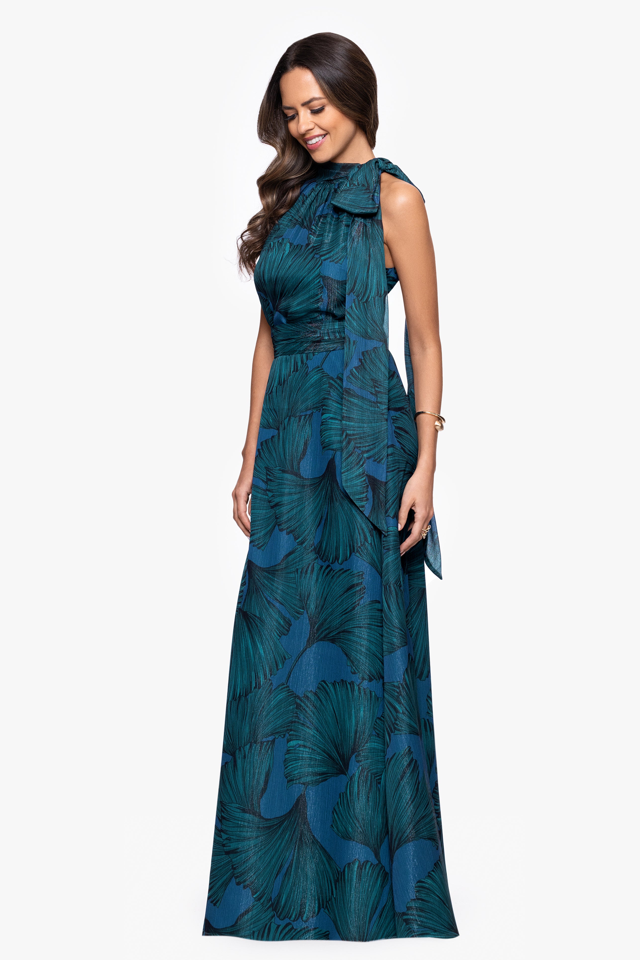 "Devina" Print Chiffon Shimmer Tieneck Floor Length Dress