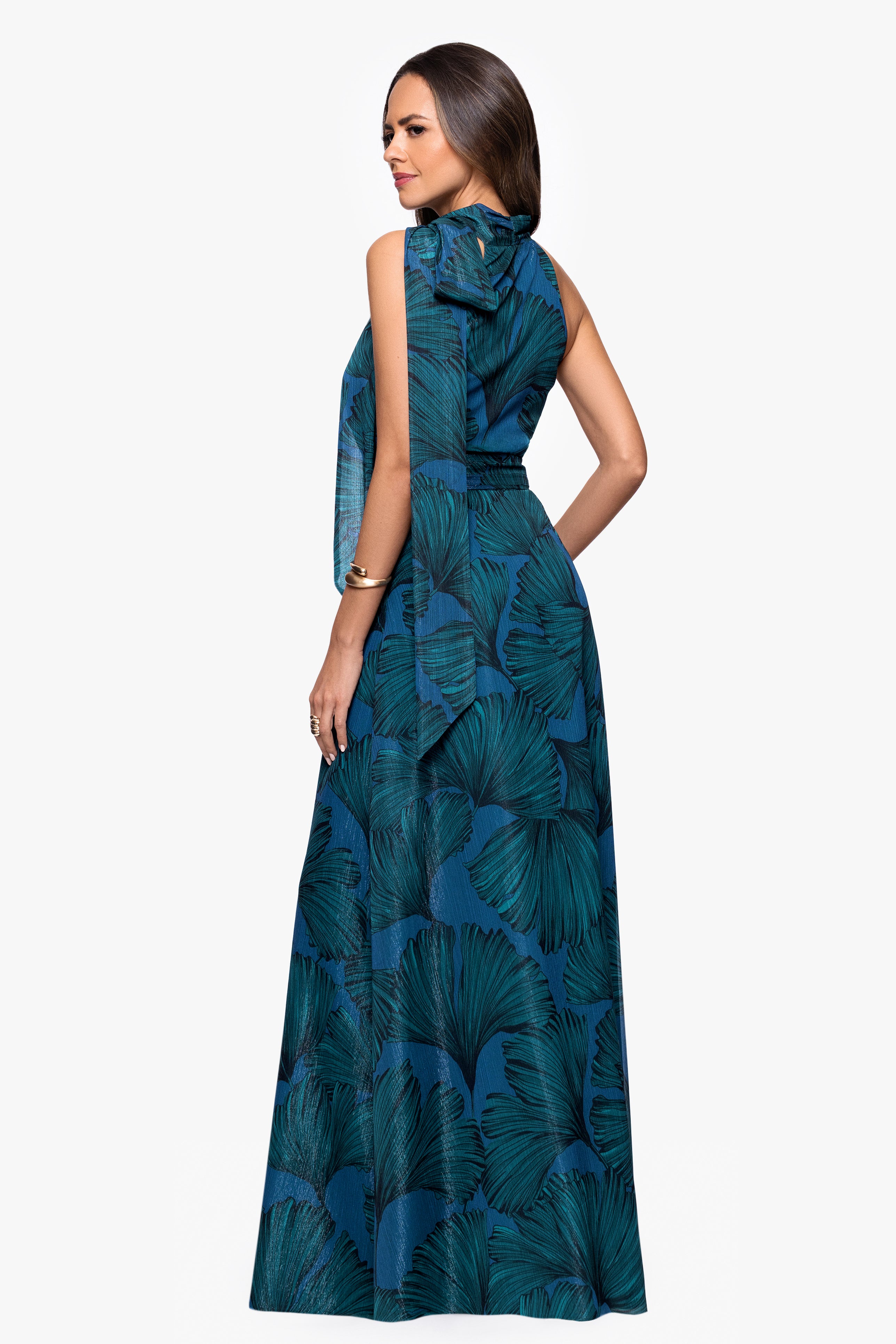 "Devina" Print Chiffon Shimmer Tieneck Floor Length Dress