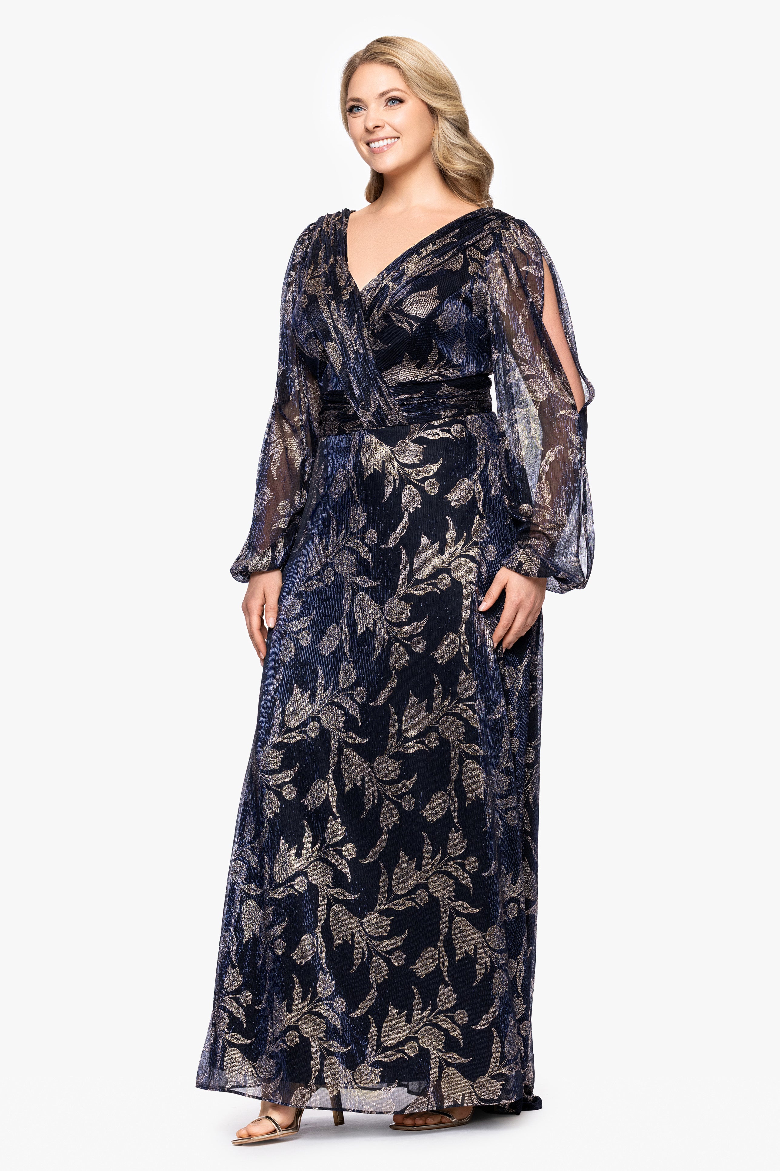 Plus "Elisabeth" Foil Print V-Neck Long Sleeve Floor Length Dress