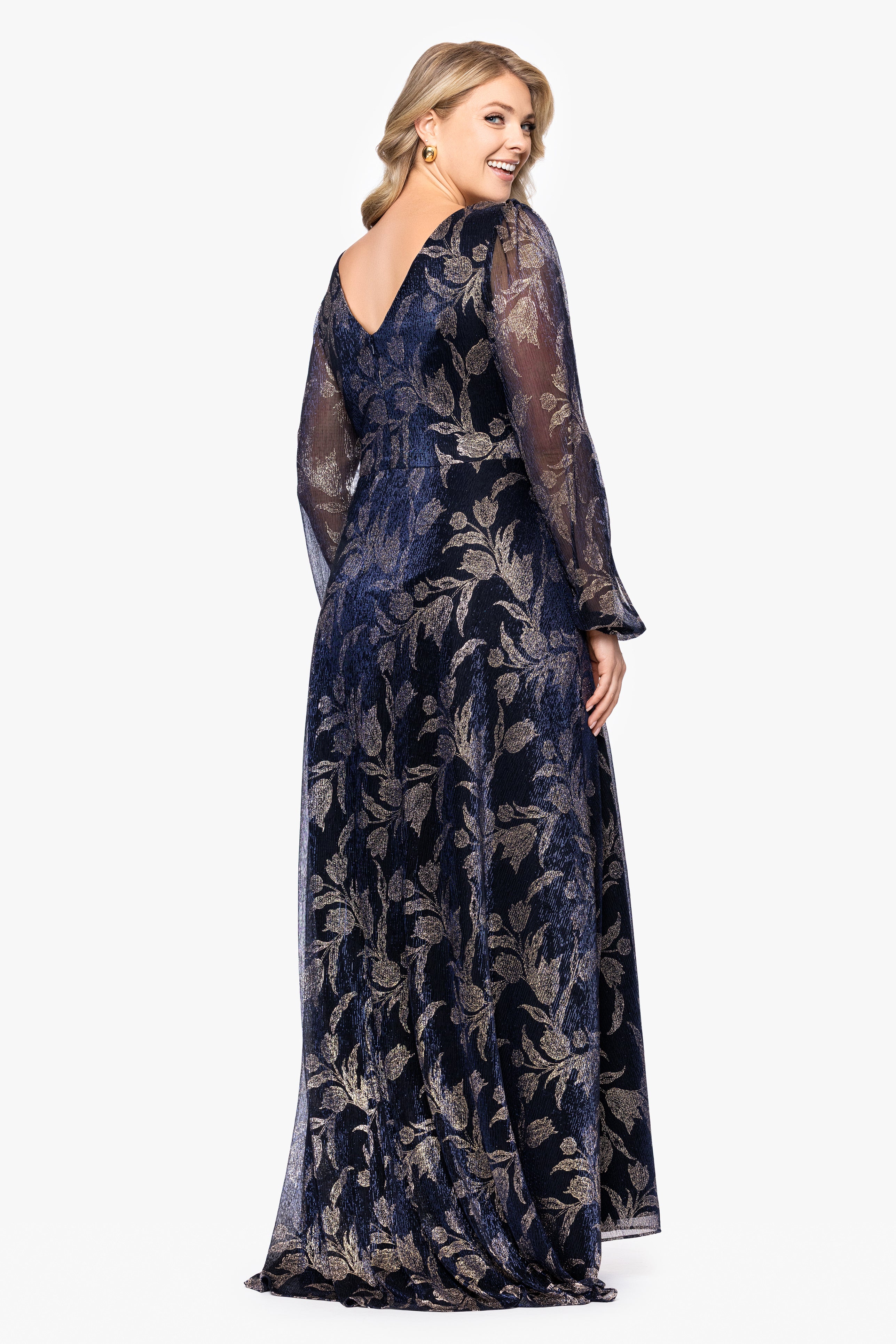Plus "Elisabeth" Foil Print V-Neck Long Sleeve Floor Length Dress