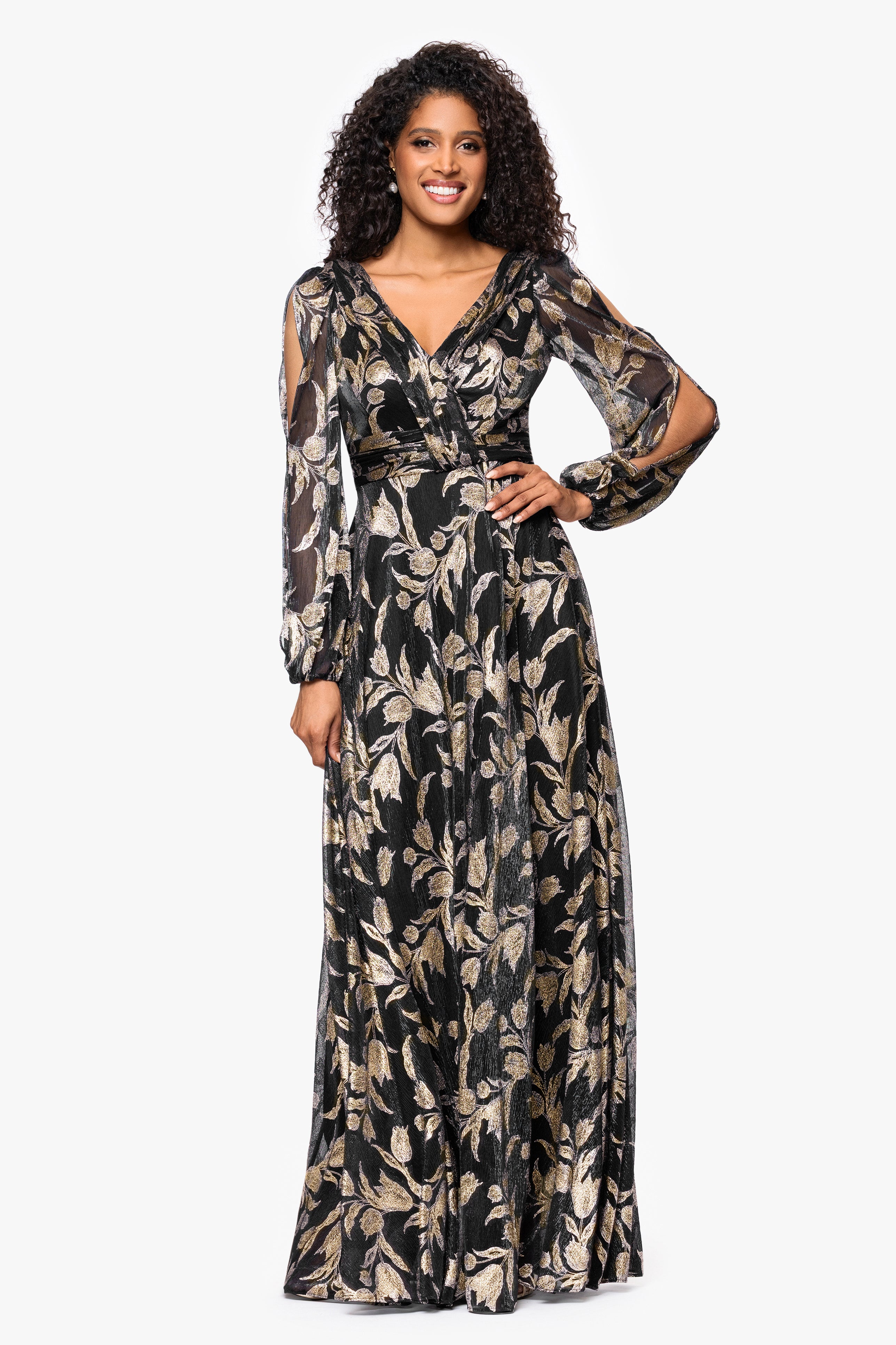 "Elisabeth" Foil Print V-Neck Long Sleeve Floor Length Dress