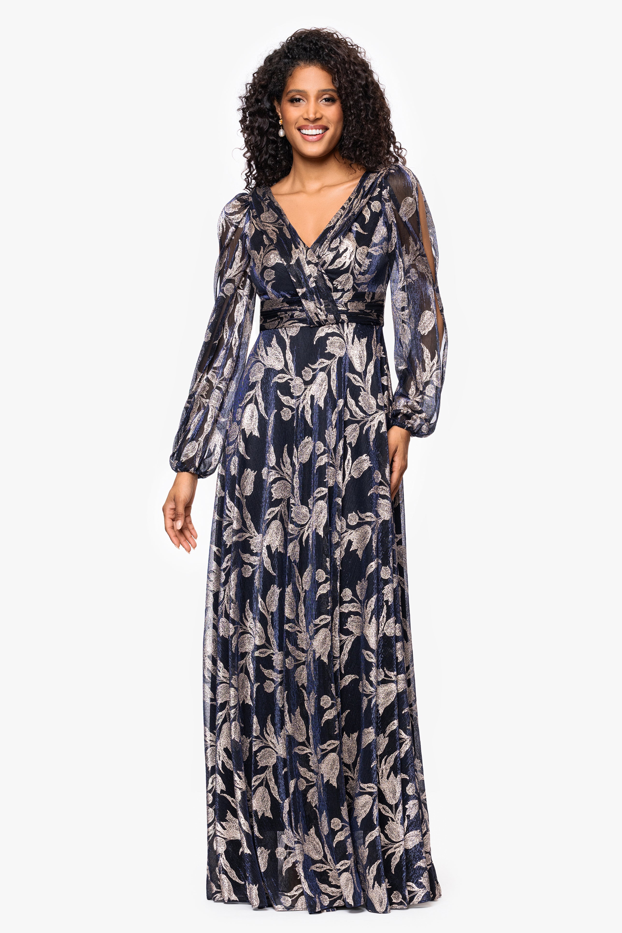 "Elisabeth" Foil Print V-Neck Long Sleeve Floor Length Dress