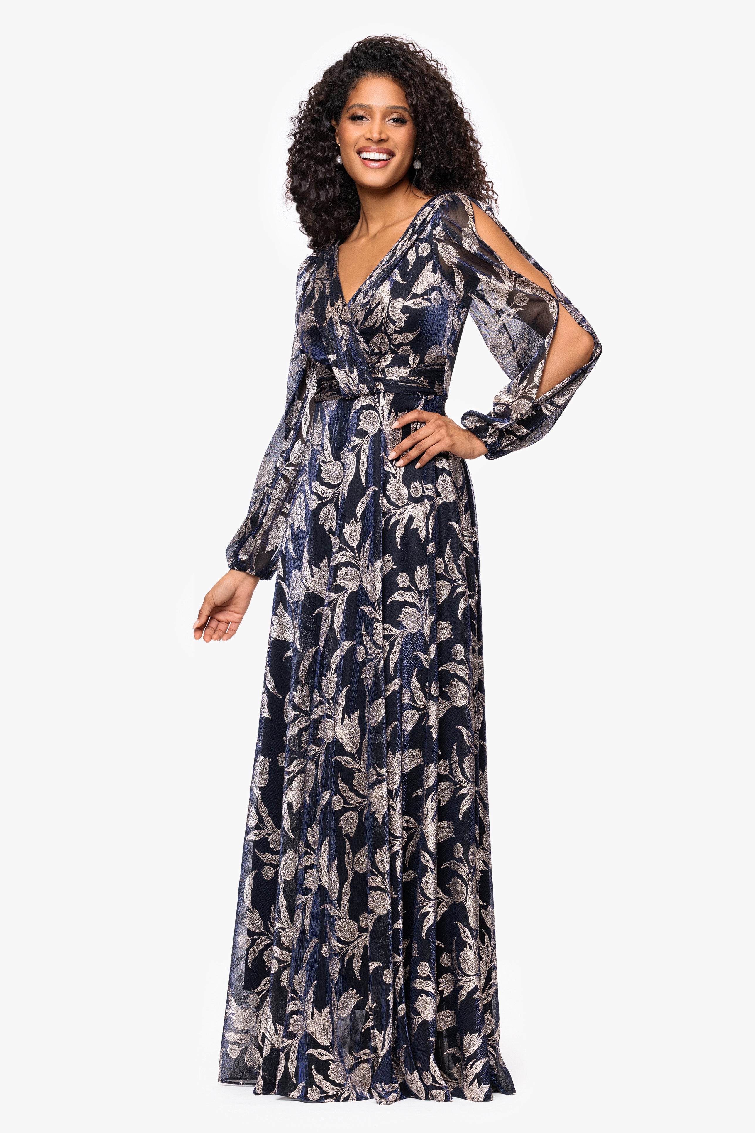 "Elisabeth" Foil Print V-Neck Long Sleeve Floor Length Dress