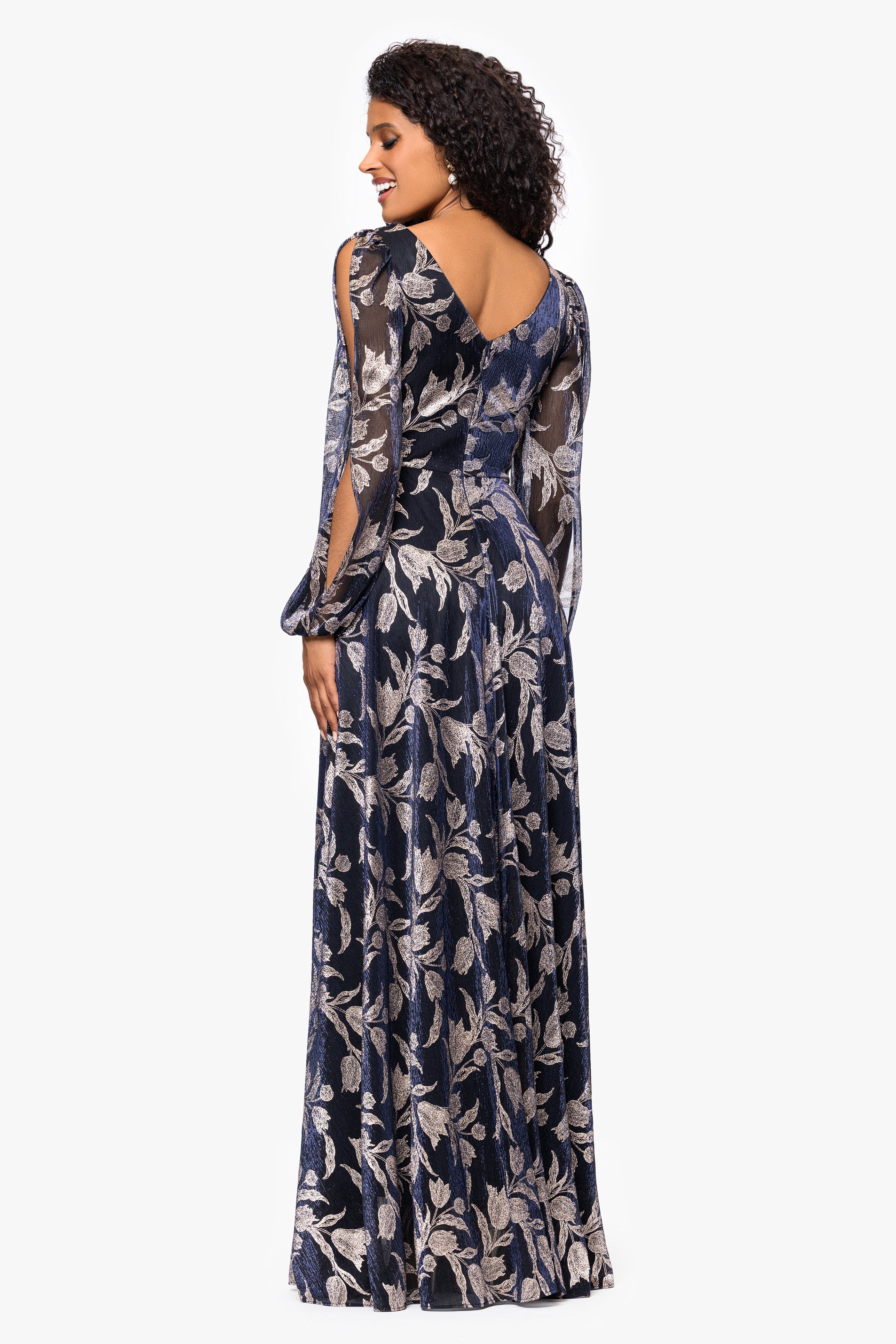 "Elisabeth" Foil Print V-Neck Long Sleeve Floor Length Dress