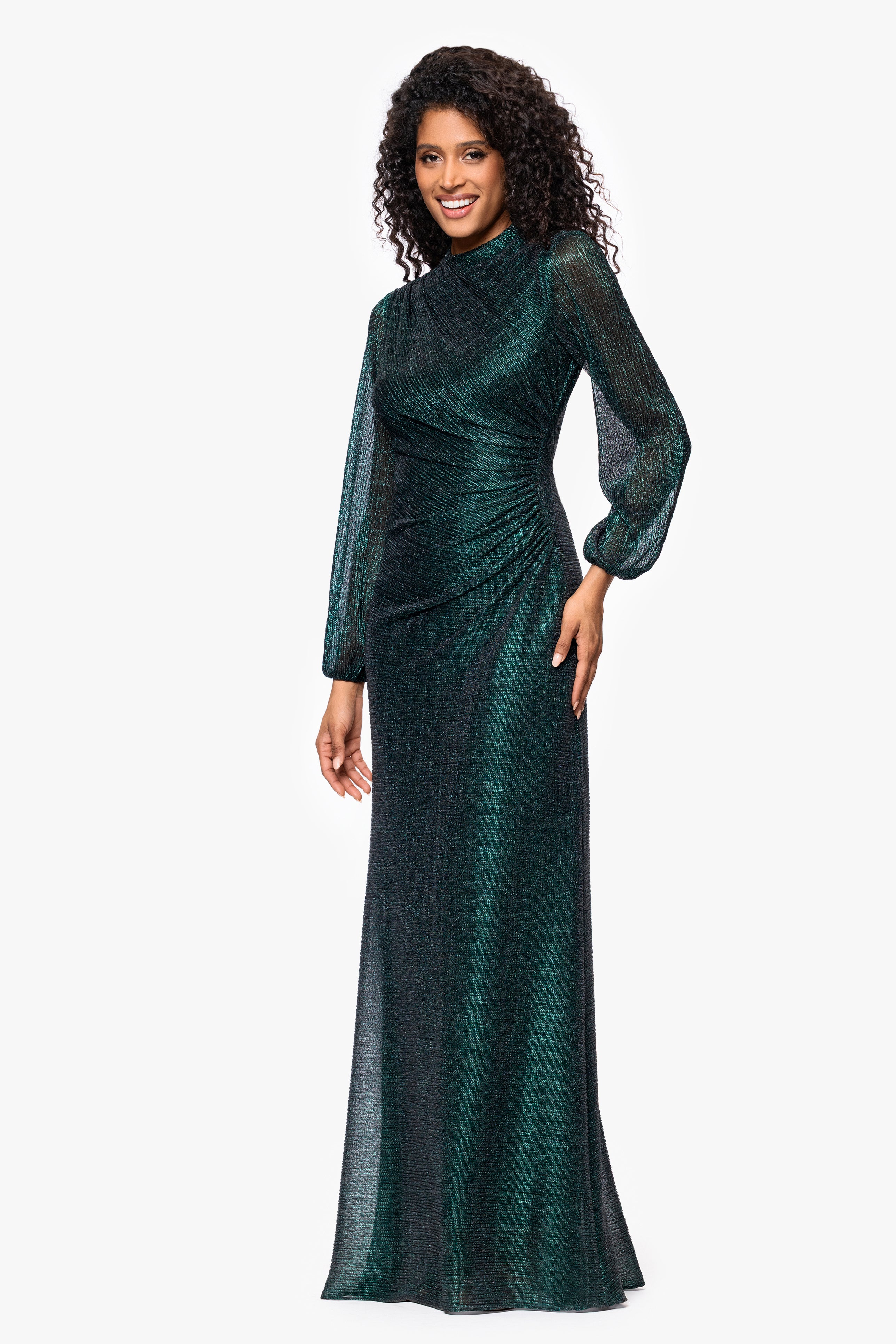 "Jayline" Crinkle Metallic Long Sleeve Floor Length Dress