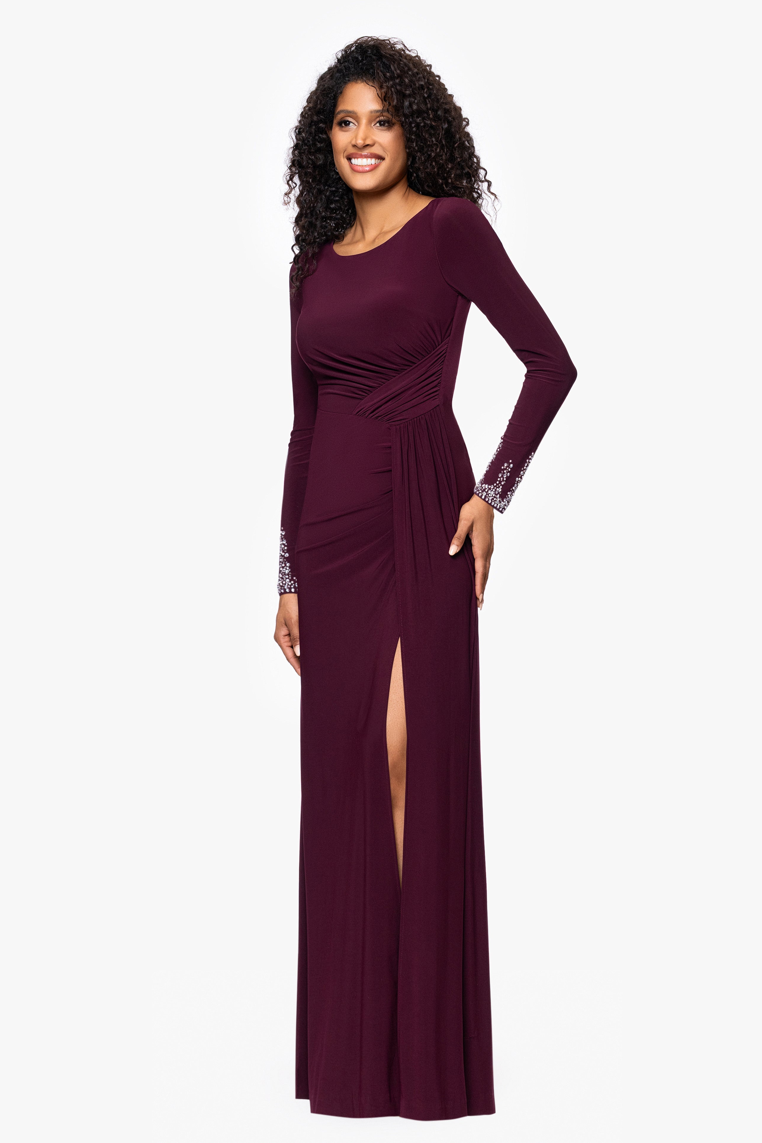 "Lolita" Jersey Knit Long Sleeve Beaded Cuff Floor Length Dress