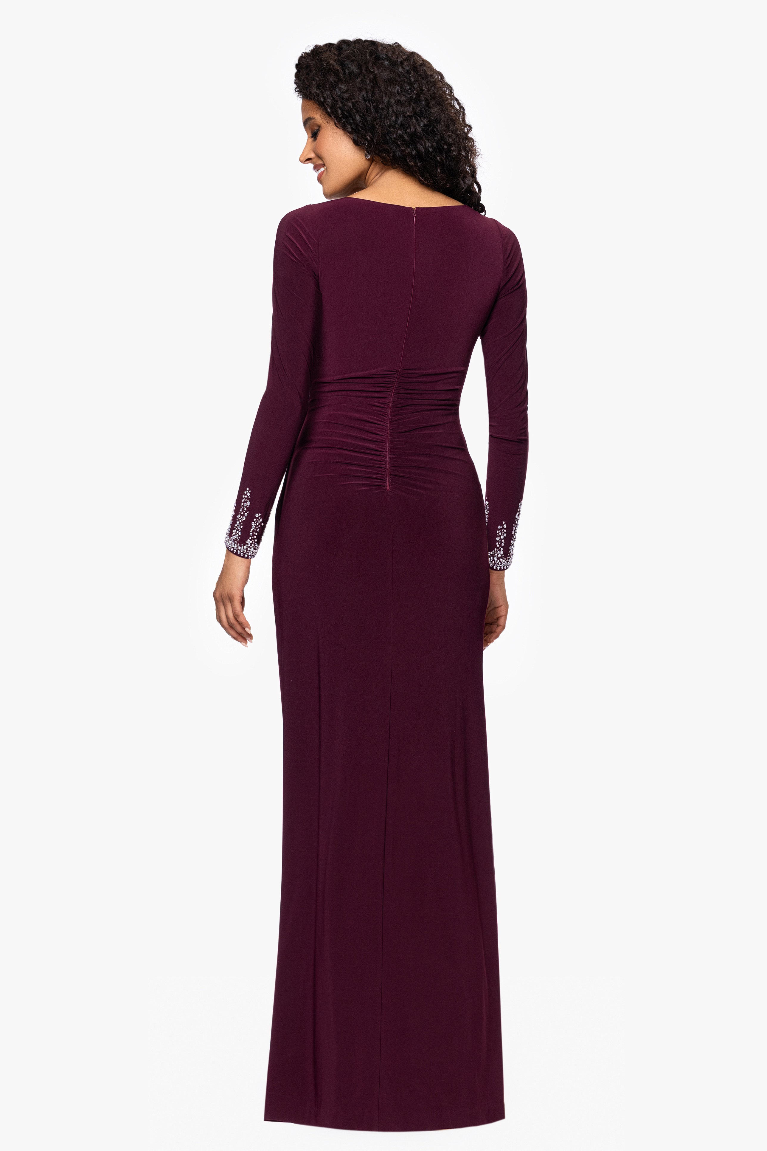 "Lolita" Jersey Knit Long Sleeve Beaded Cuff Floor Length Dress