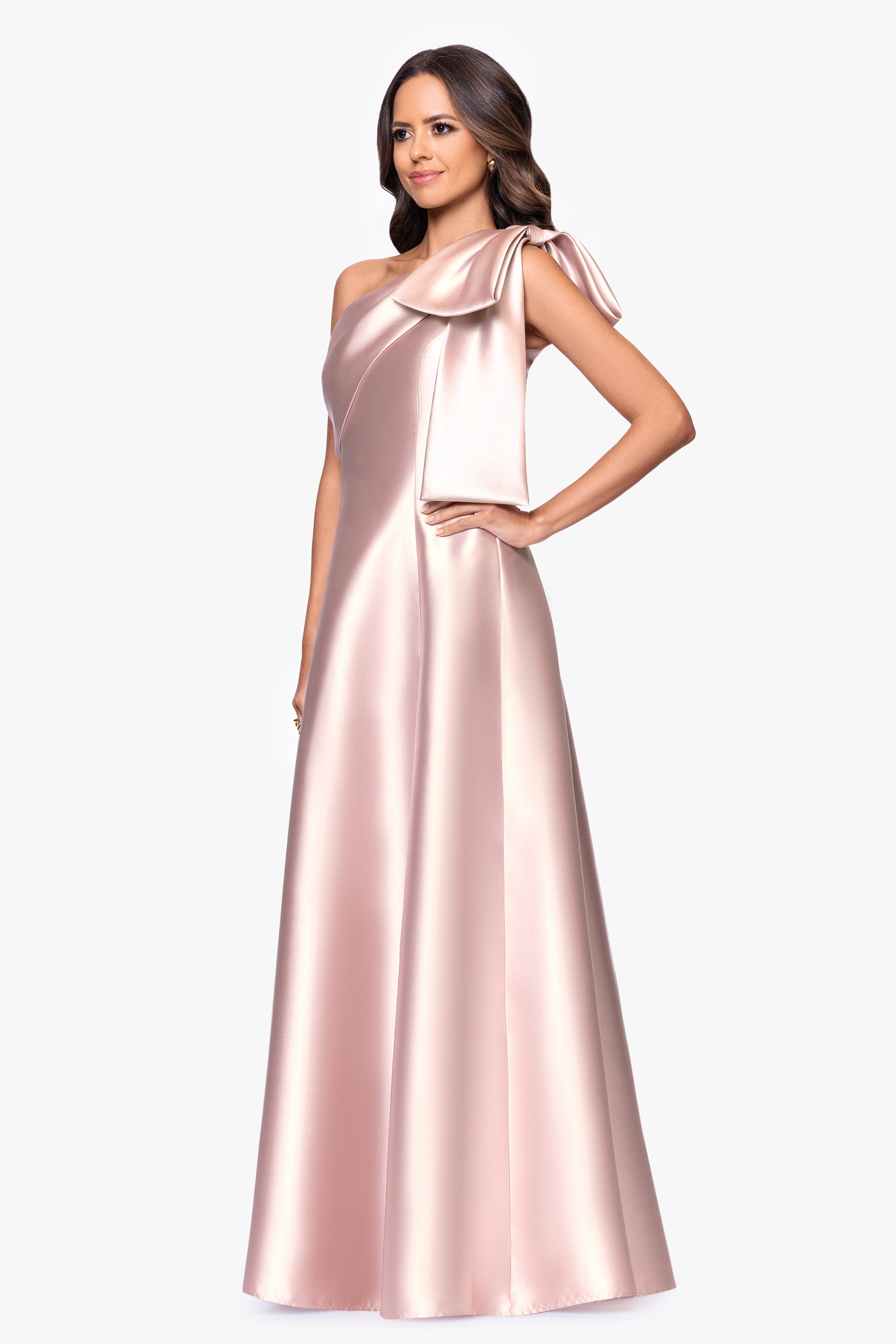 "Rachel" Satin One Shoulder Bow A-Line Floor Length Dress