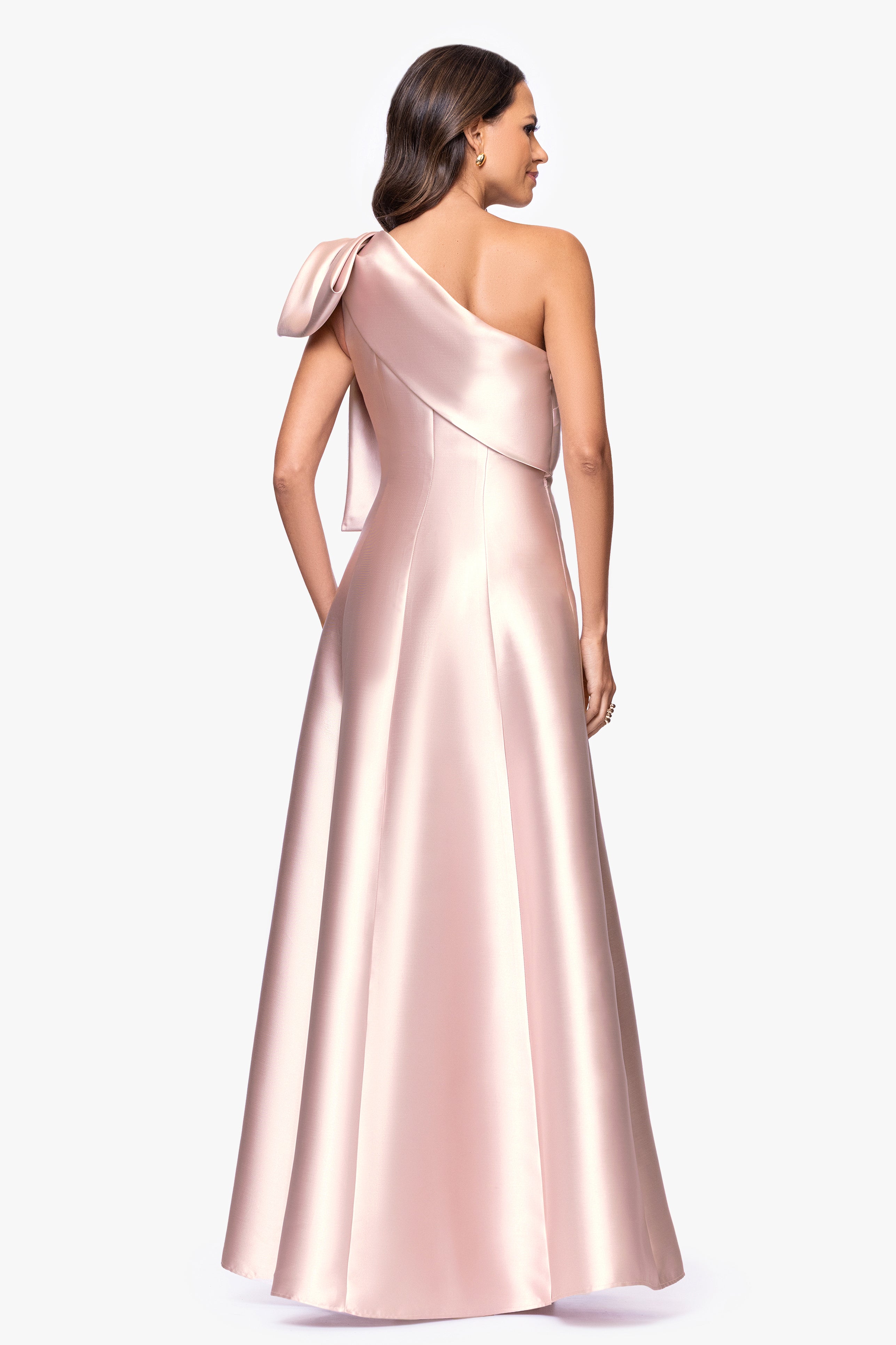"Rachel" Satin One Shoulder Bow A-Line Floor Length Dress