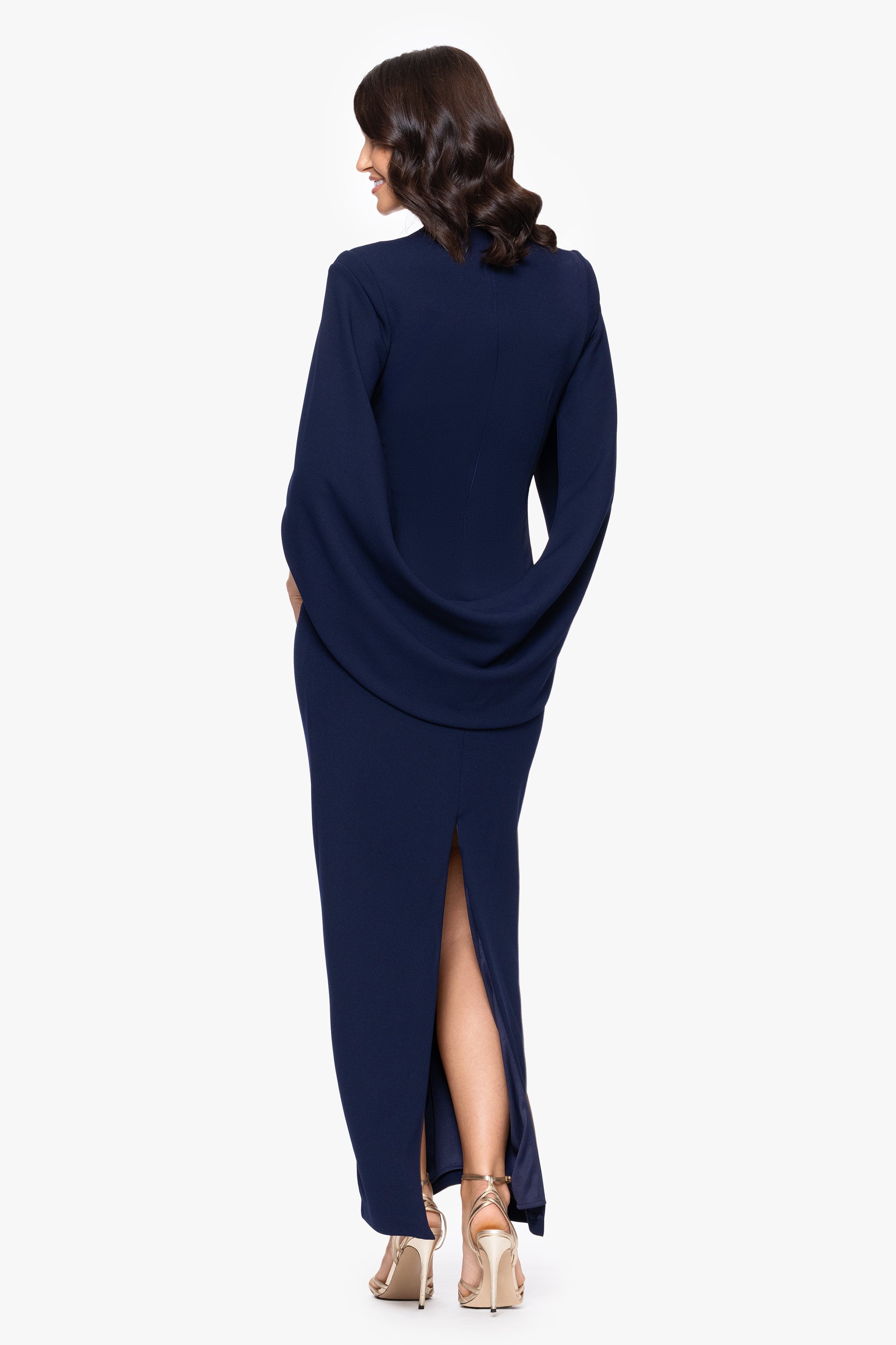 "Evelina" Scuba Crepe Drape Back High Neck Floor Length Dress