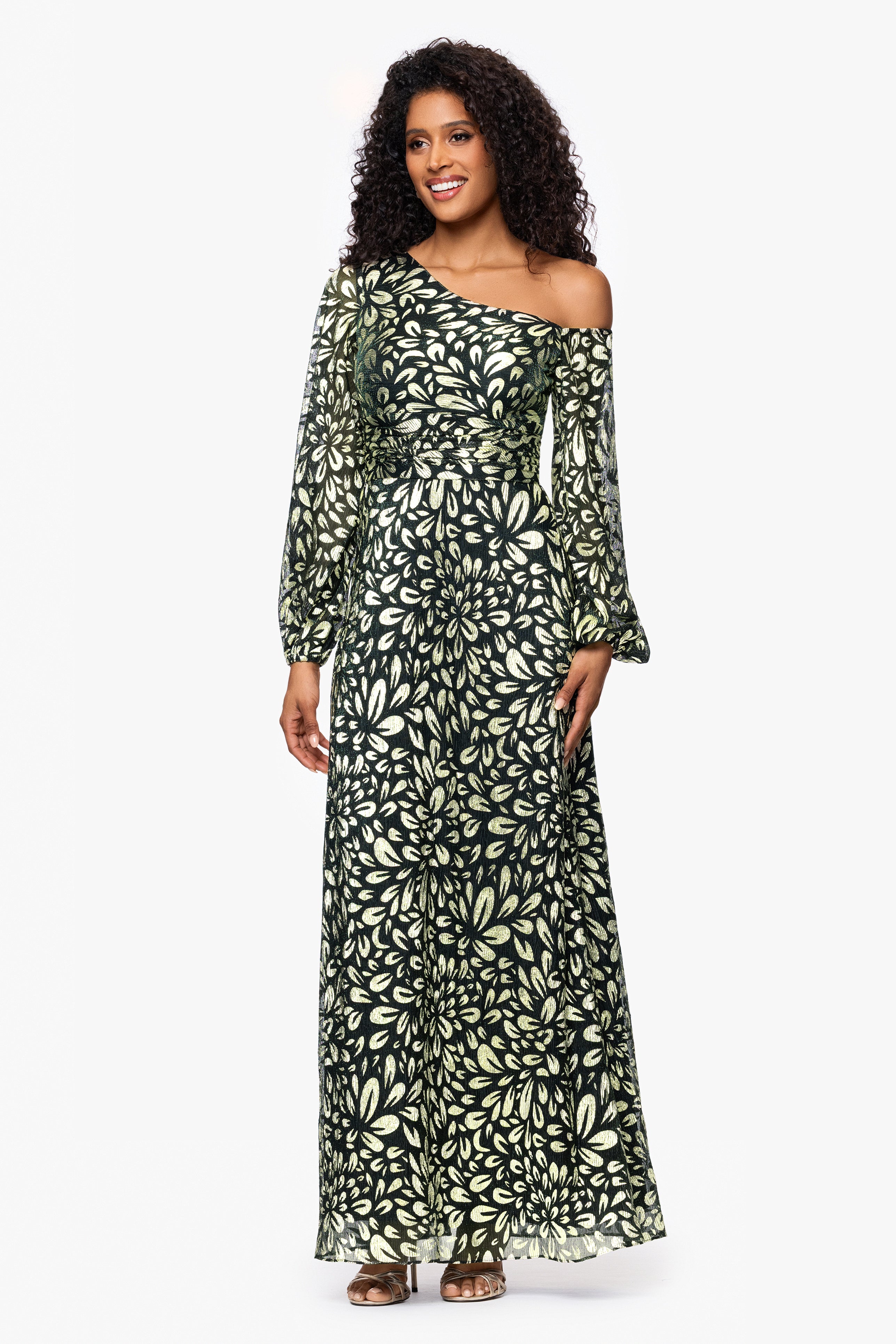 Petite "Malia" Metallic Off the Shoulder Long Sleeve Floor Length Dress