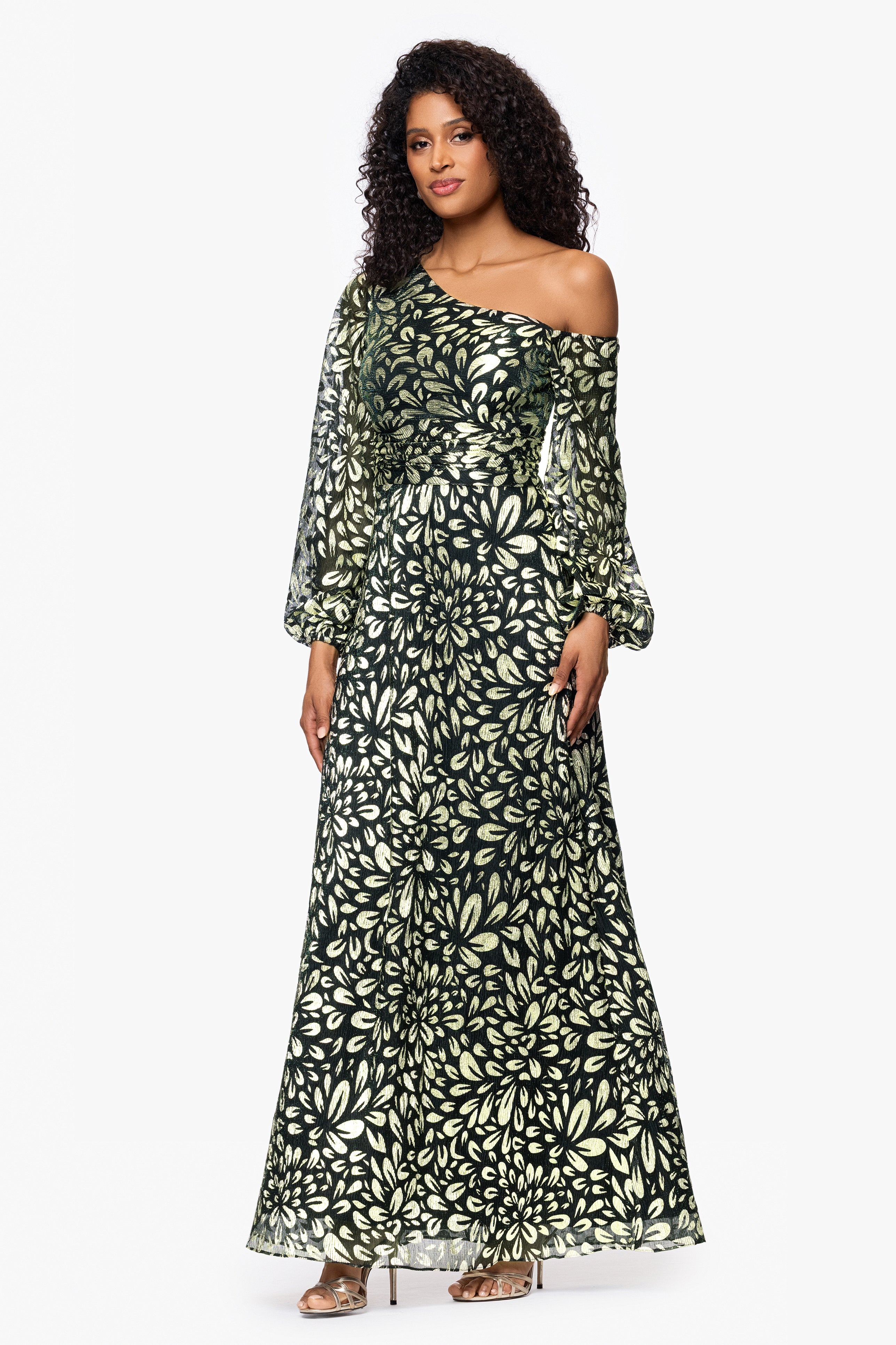 Petite "Malia" Metallic Off the Shoulder Long Sleeve Floor Length Dress