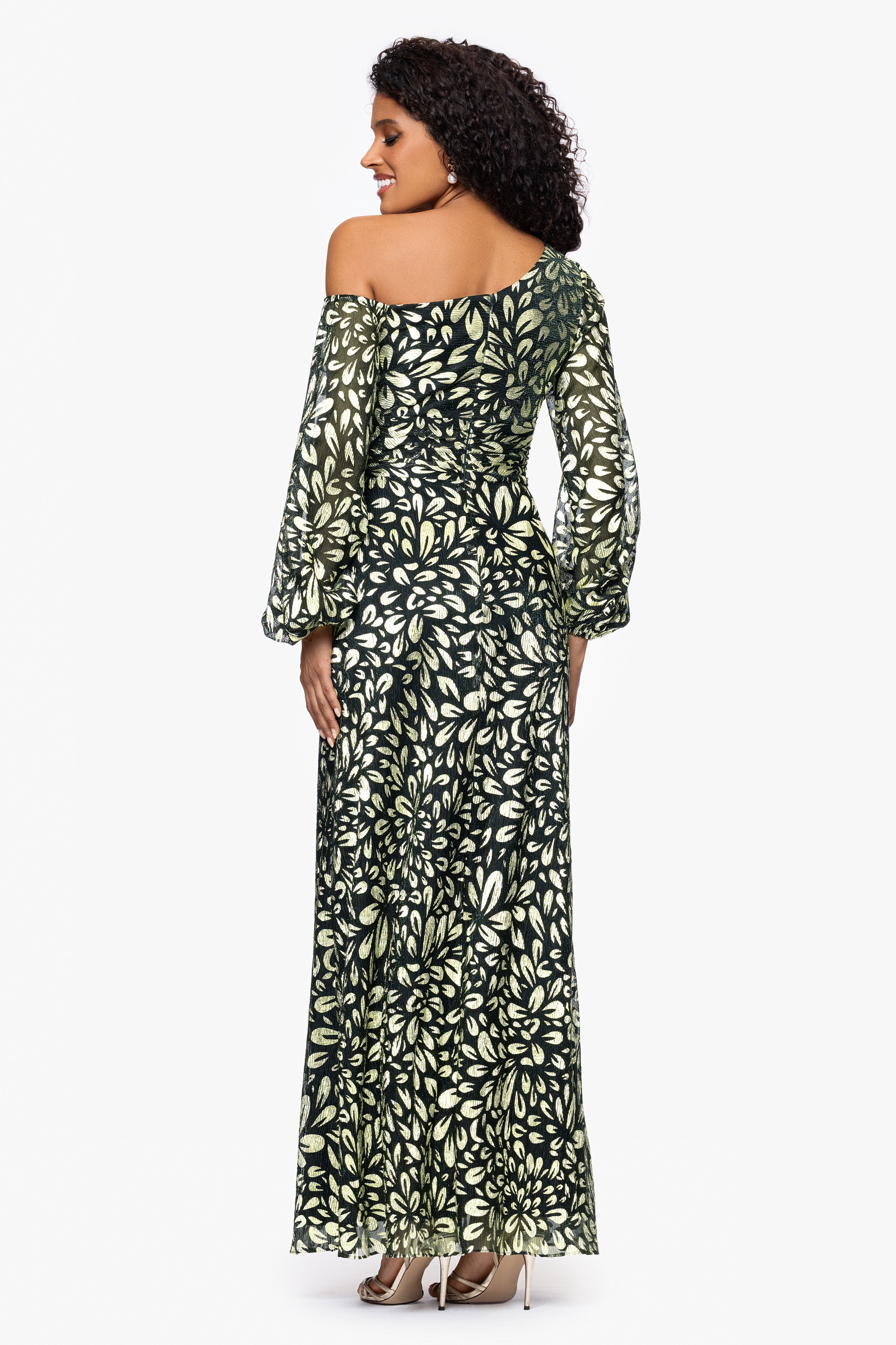 Petite "Malia" Metallic Off the Shoulder Long Sleeve Floor Length Dress