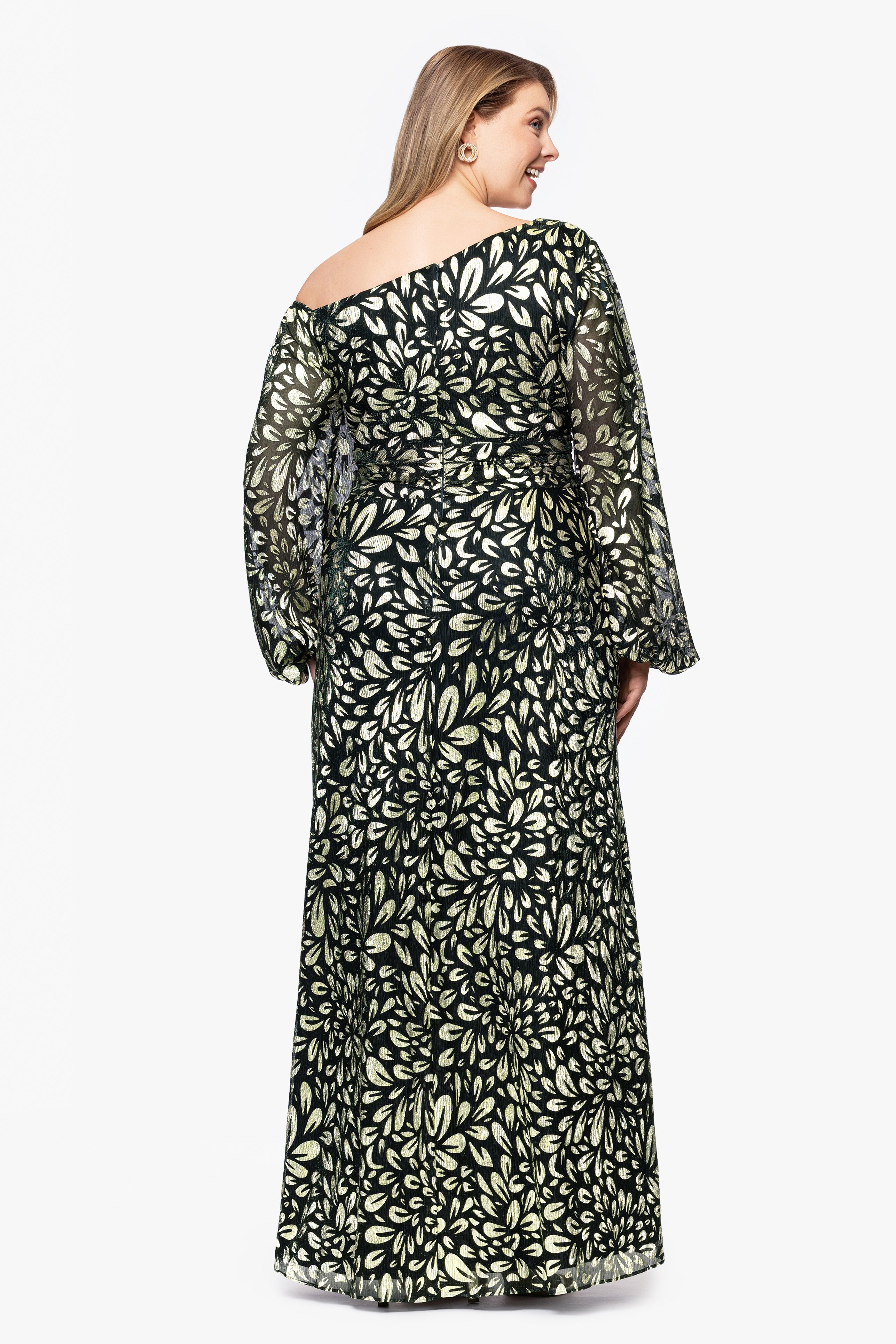 Plus "Malia" Metallic Off the Shoulder Long Sleeve Floor Length Dress