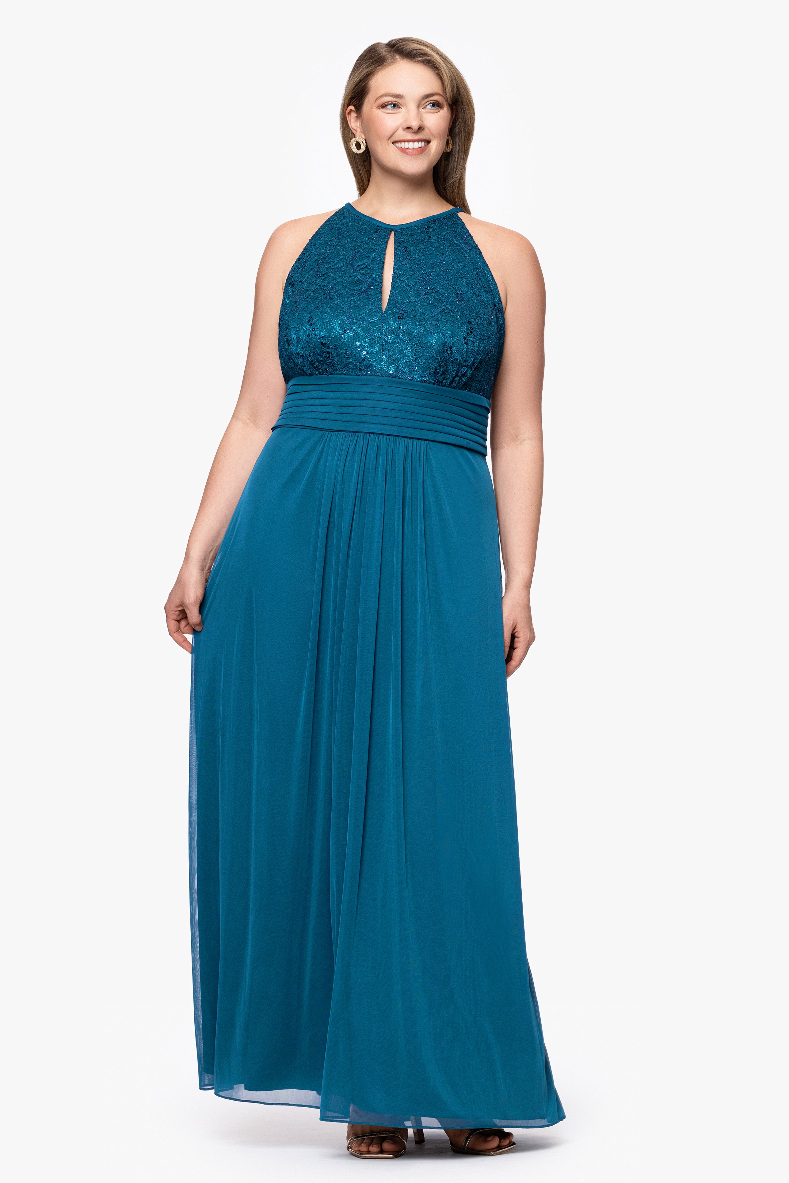 Plus "Selena" Jersey and Lace Halter Keyhole Neck Floor Length Dress