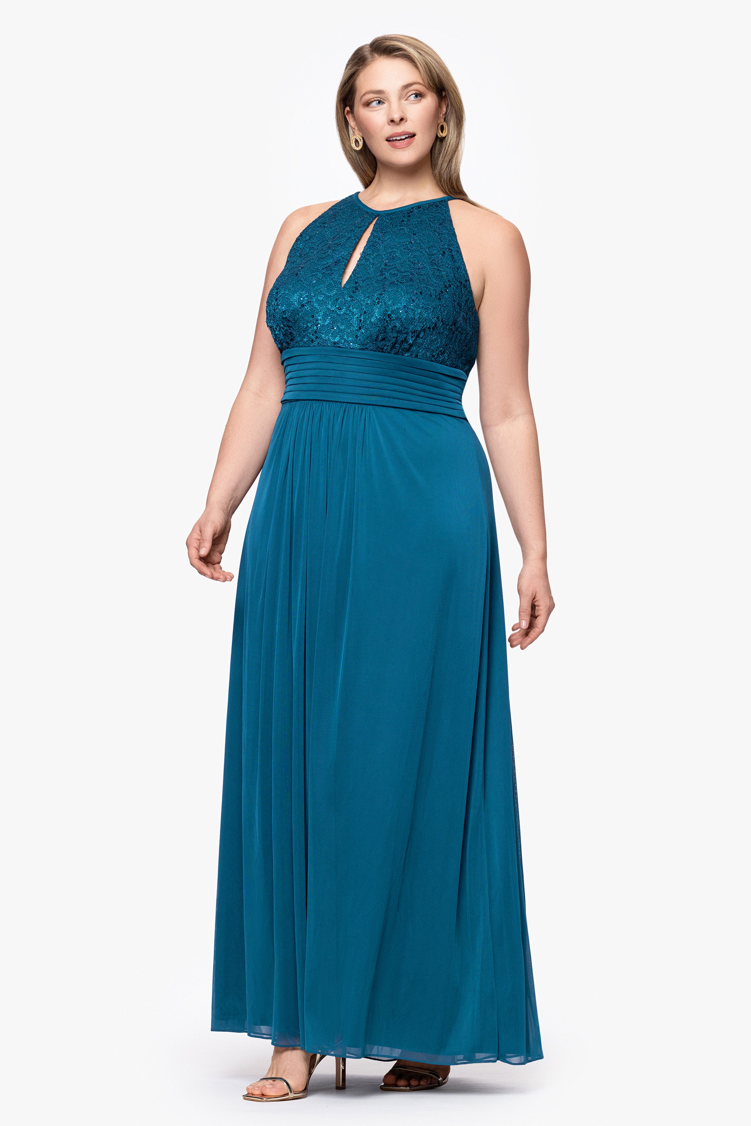 Plus "Selena" Jersey and Lace Halter Keyhole Neck Floor Length Dress
