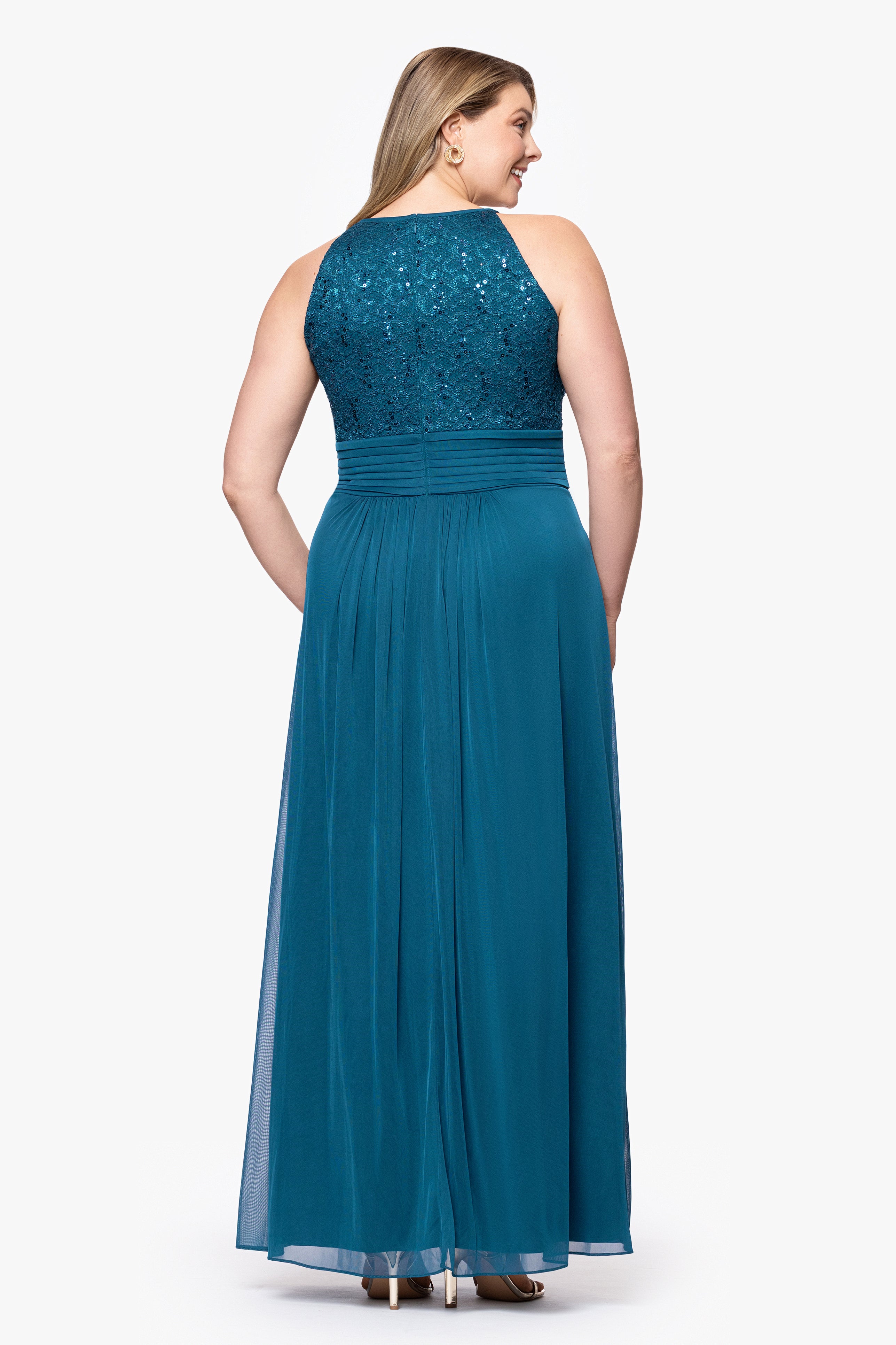 Plus "Selena" Jersey and Lace Halter Keyhole Neck Floor Length Dress