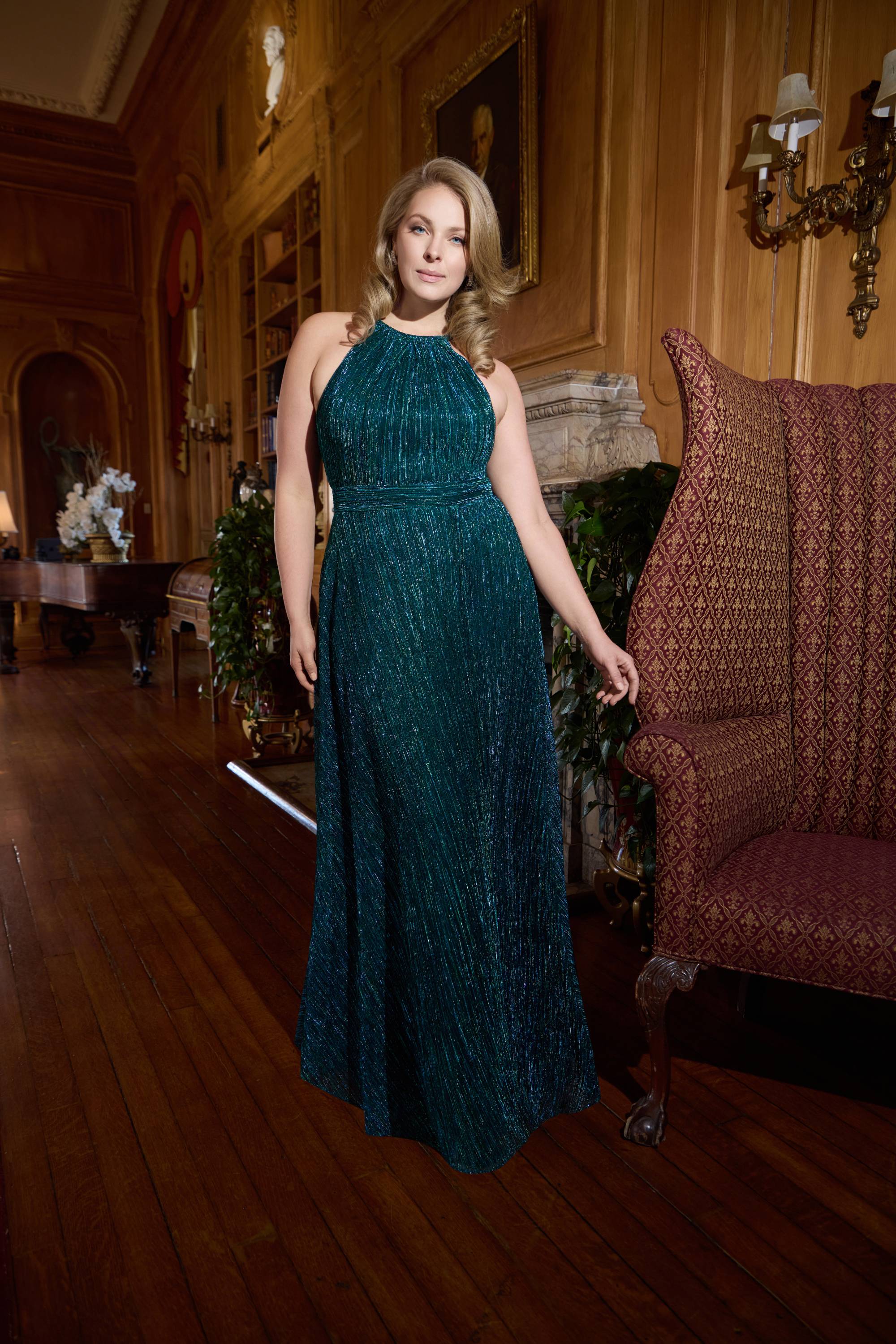 Plus "Mila" Long Halter Metallic Dress