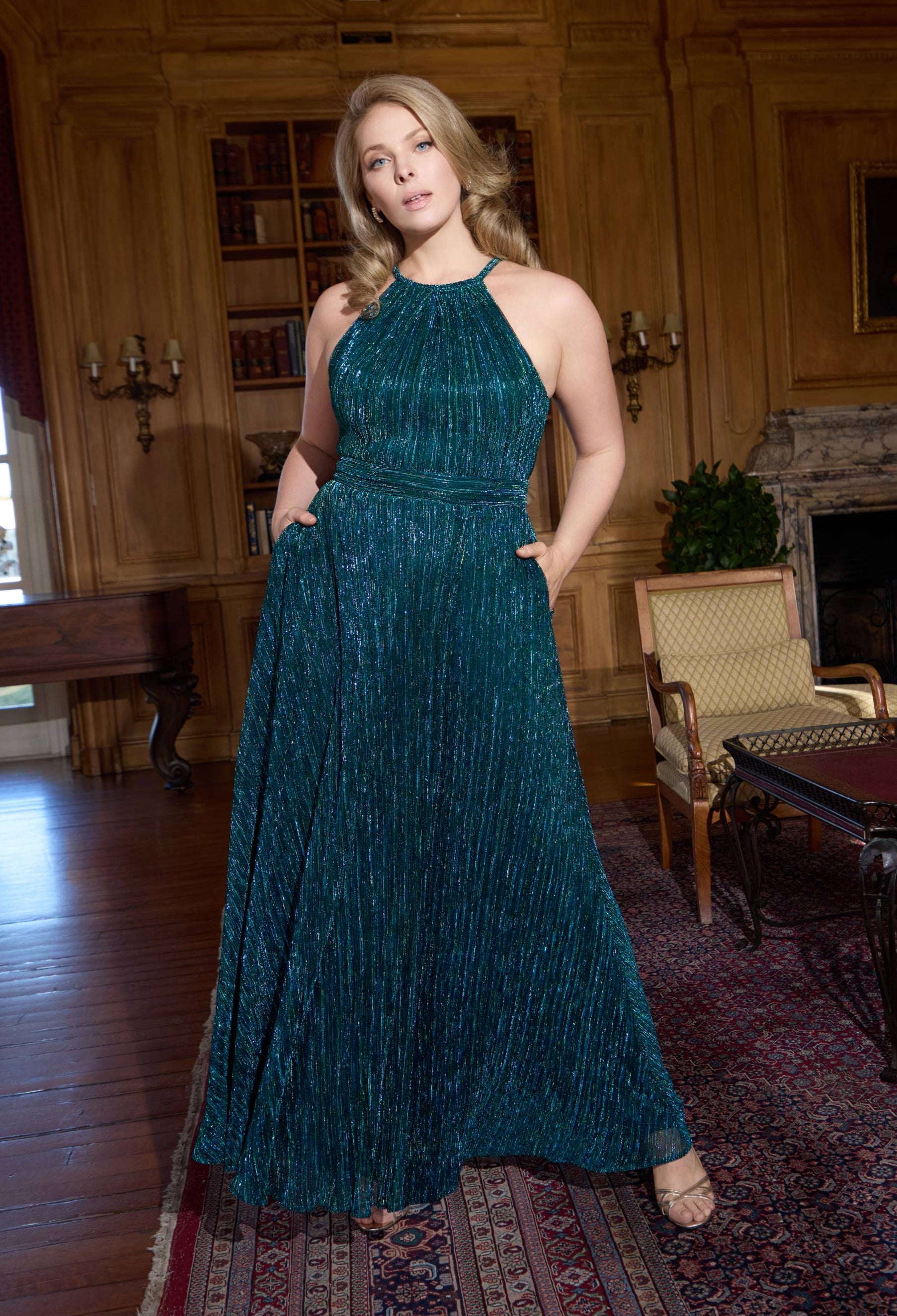 Plus "Mila" Long Halter Metallic Dress