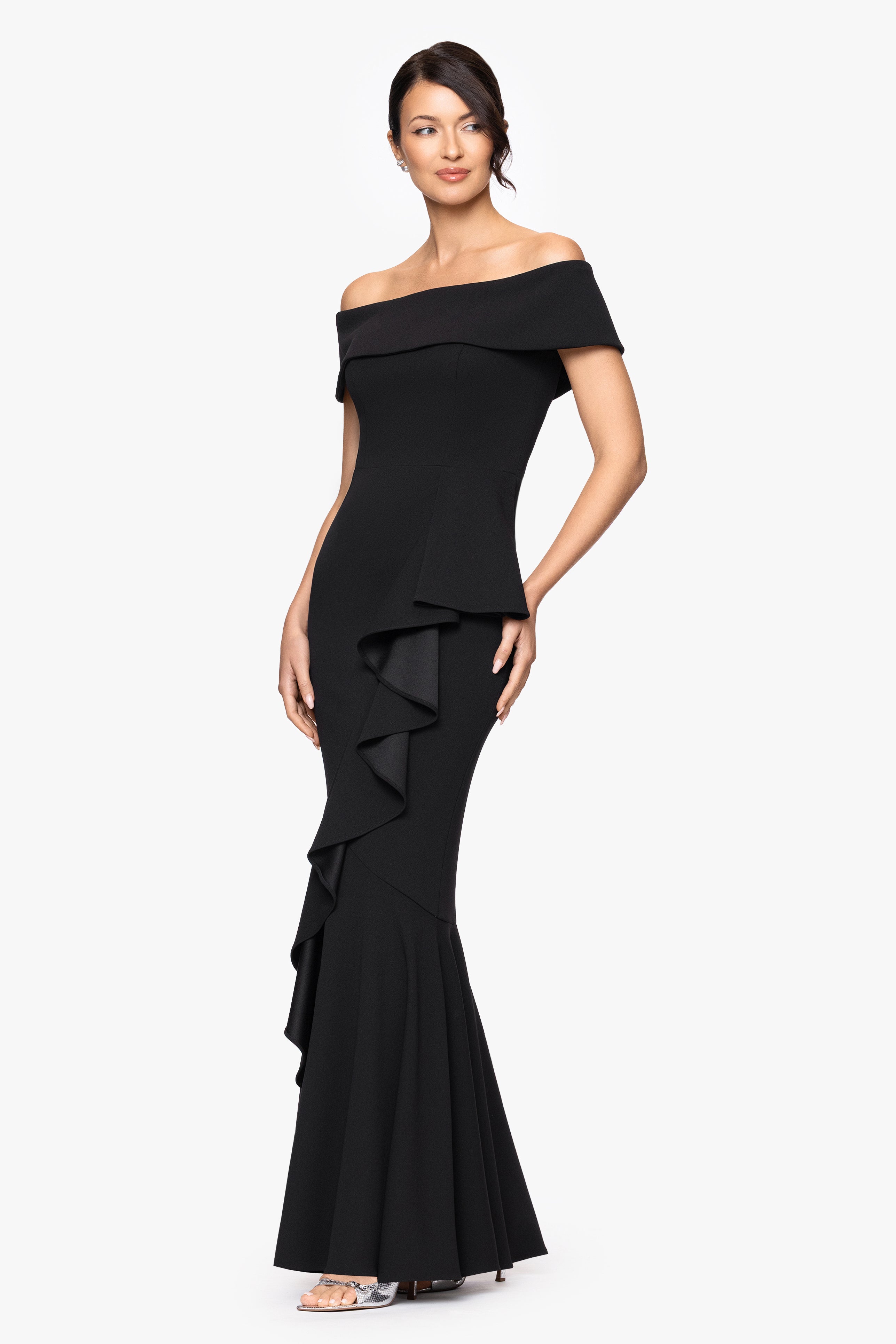 Petite "Carina" Long Off the Shoulder Ruffle Dress