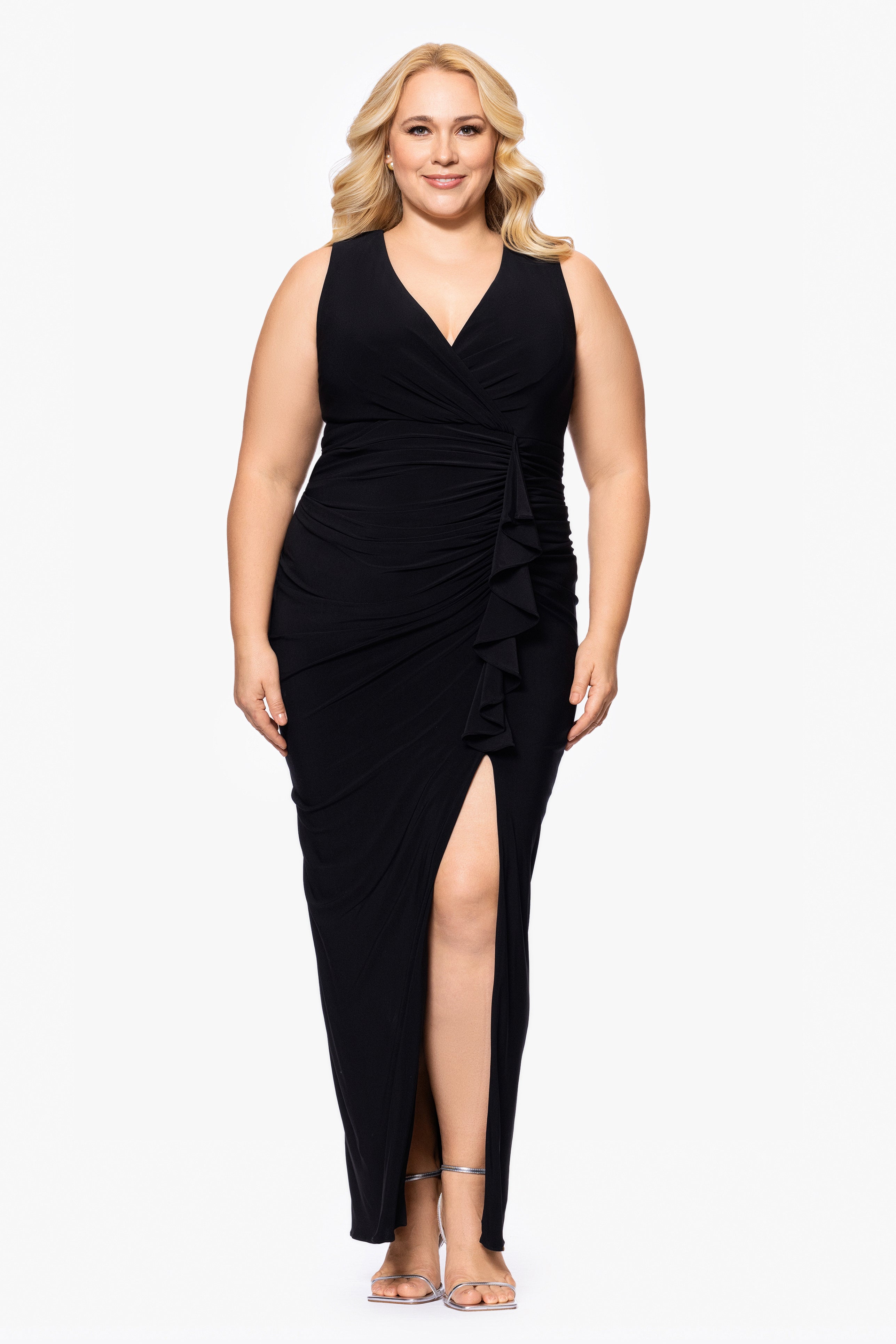 Plus "Bobbi" Long Ruffled V-Neck Gown