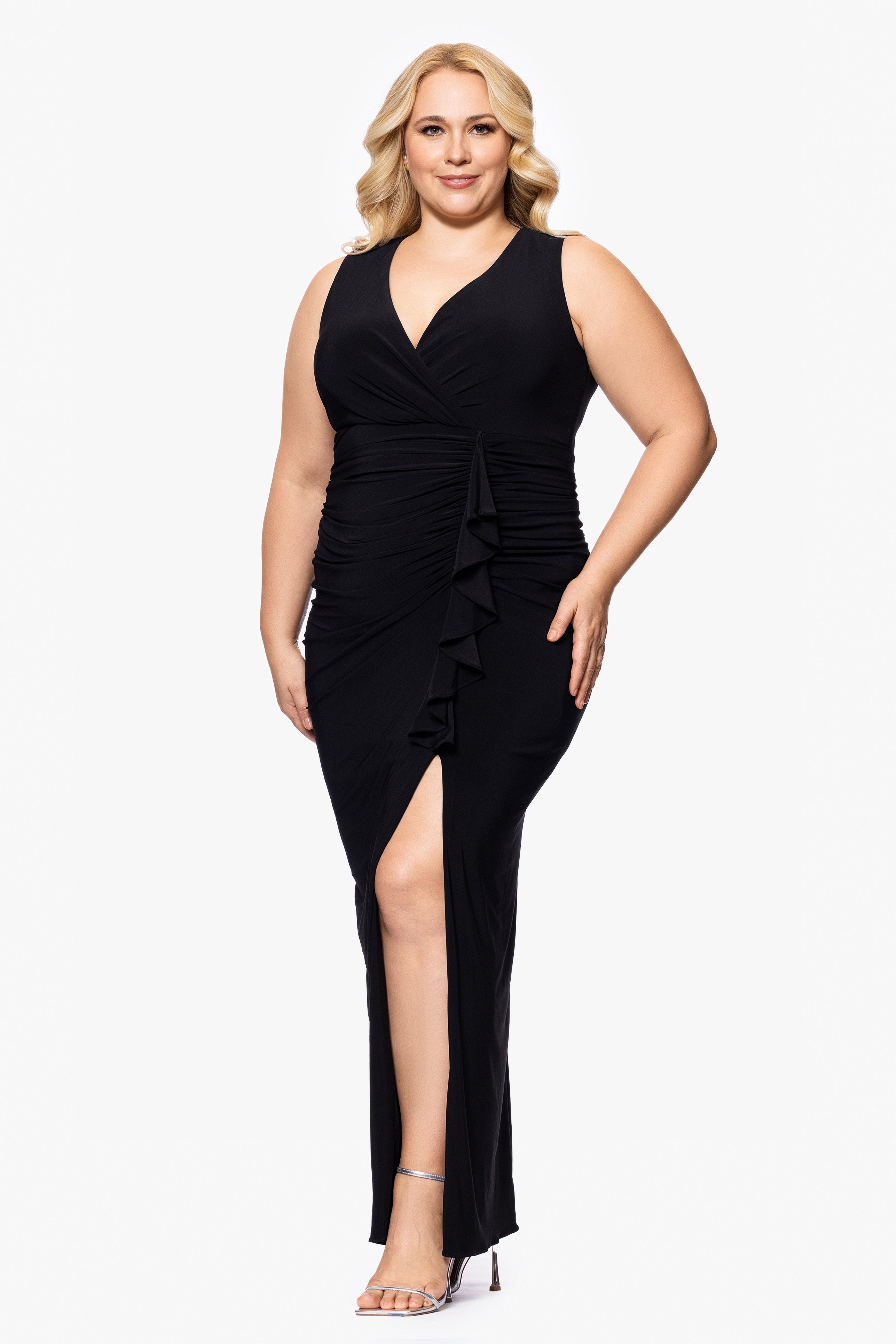 Plus "Bobbi" Long Ruffled V-Neck Gown