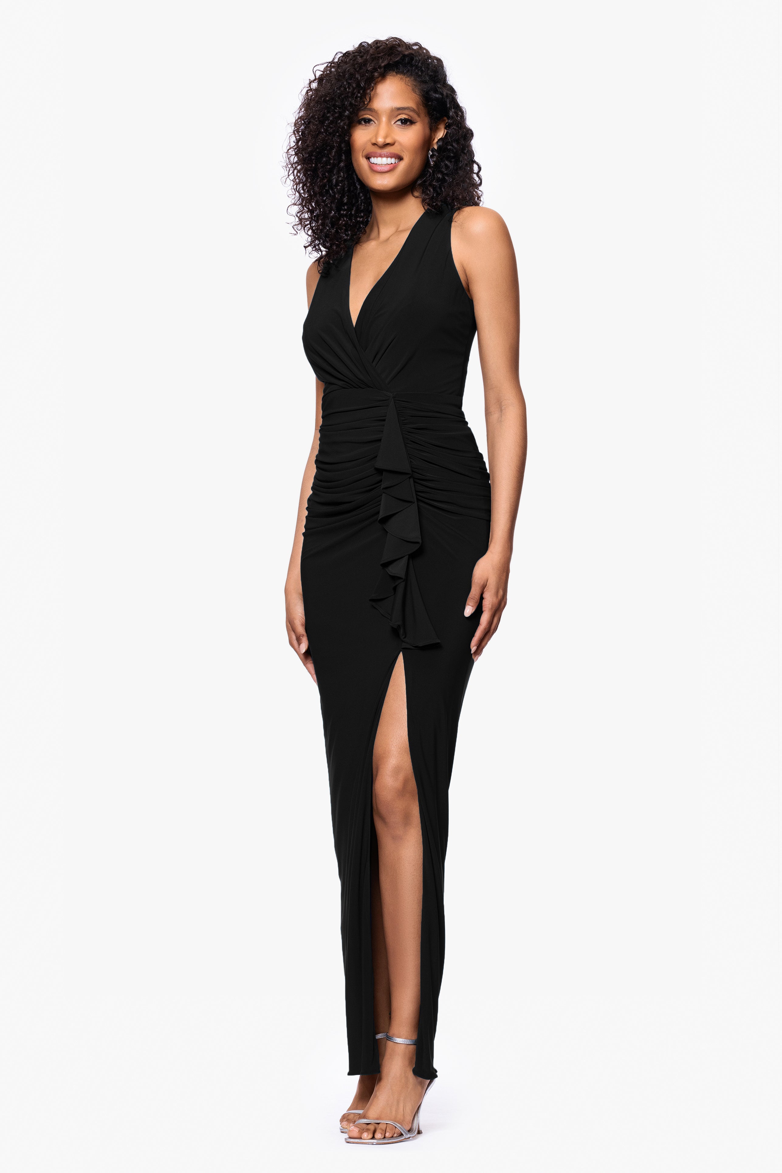 Petite "Bobbi" Ruffled V-Neck Gown