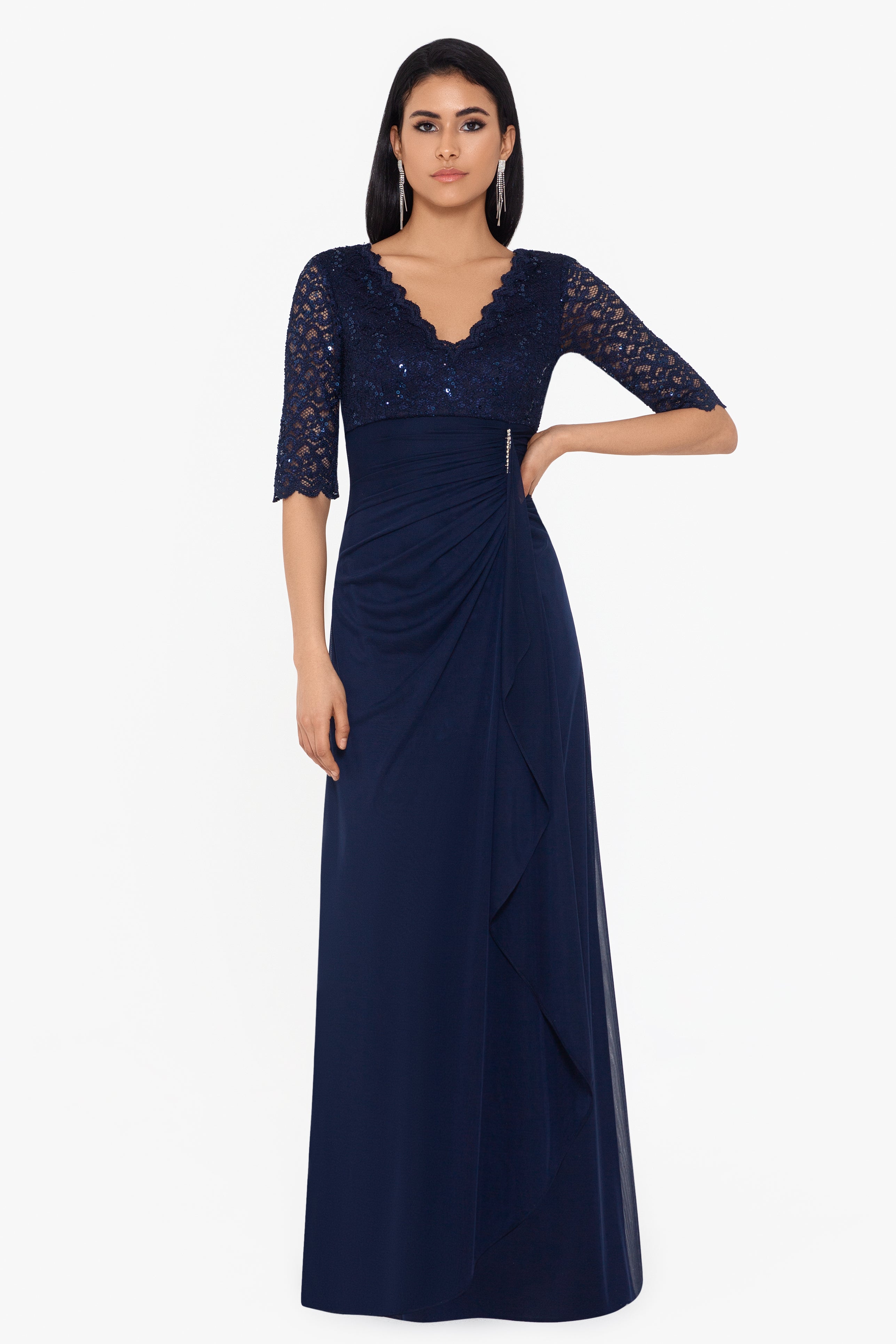 Petite "Johanna" 3/4 Sleeve Sheer Matte Jersey Long Dress