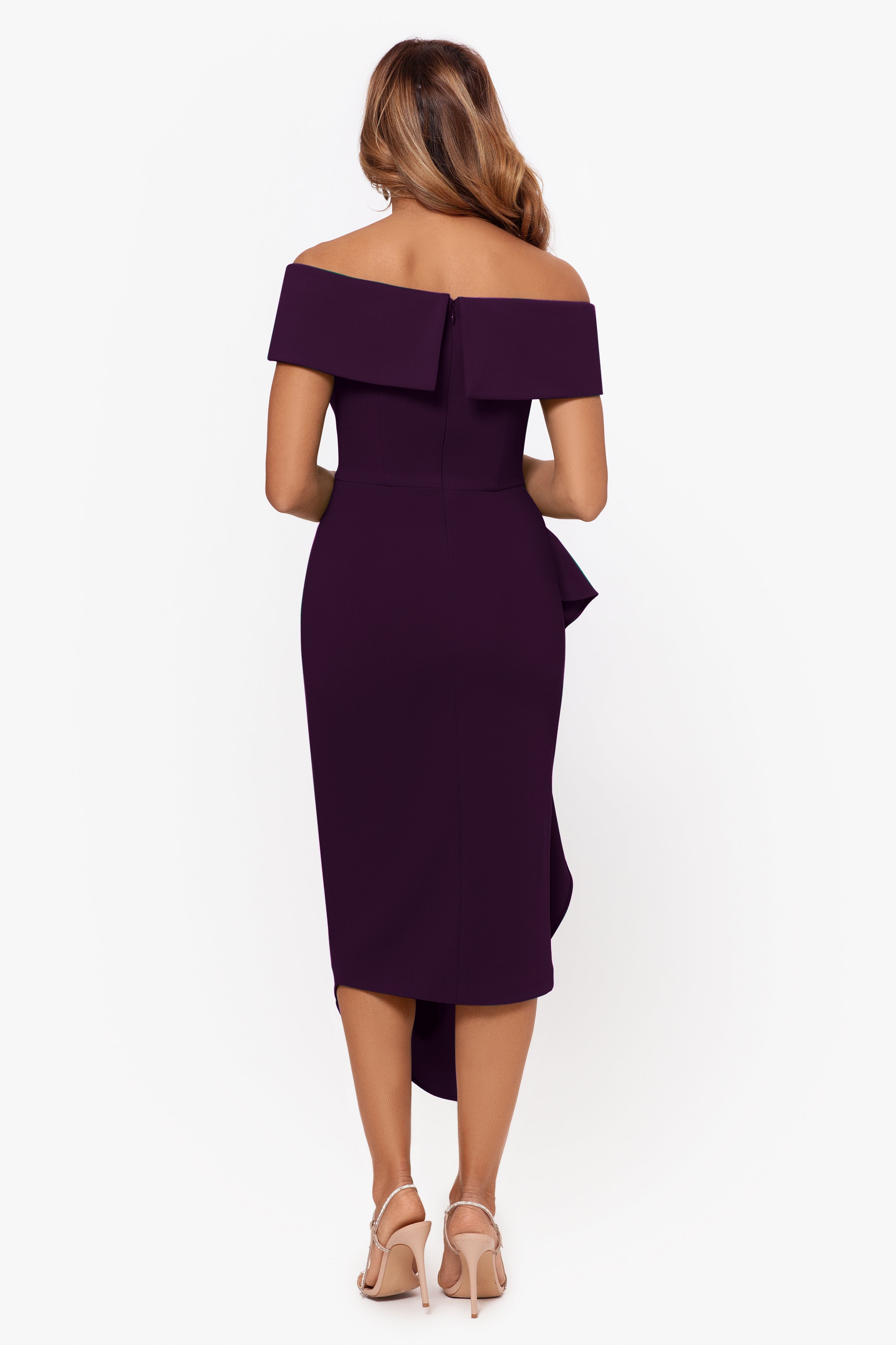 "Maya" Midi Scuba Crepe Off the Shoulder Cuff Side Ruching Dress