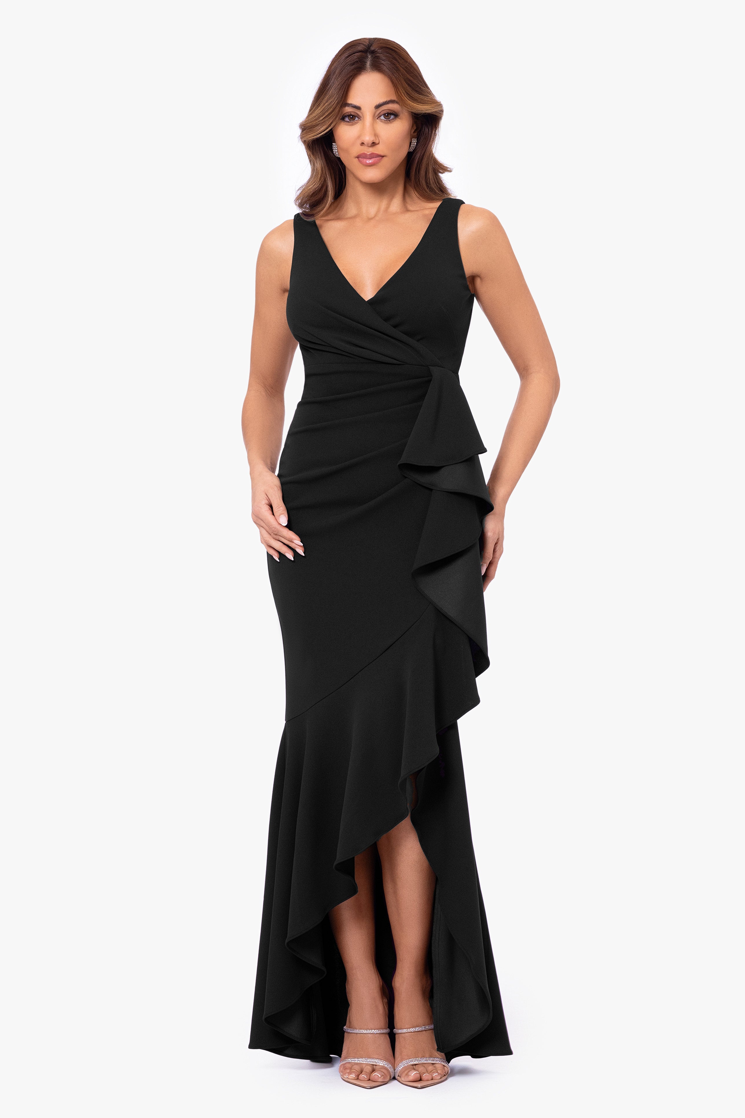Petite "Candace" Long V- Neck Hi Low Cascade Dress