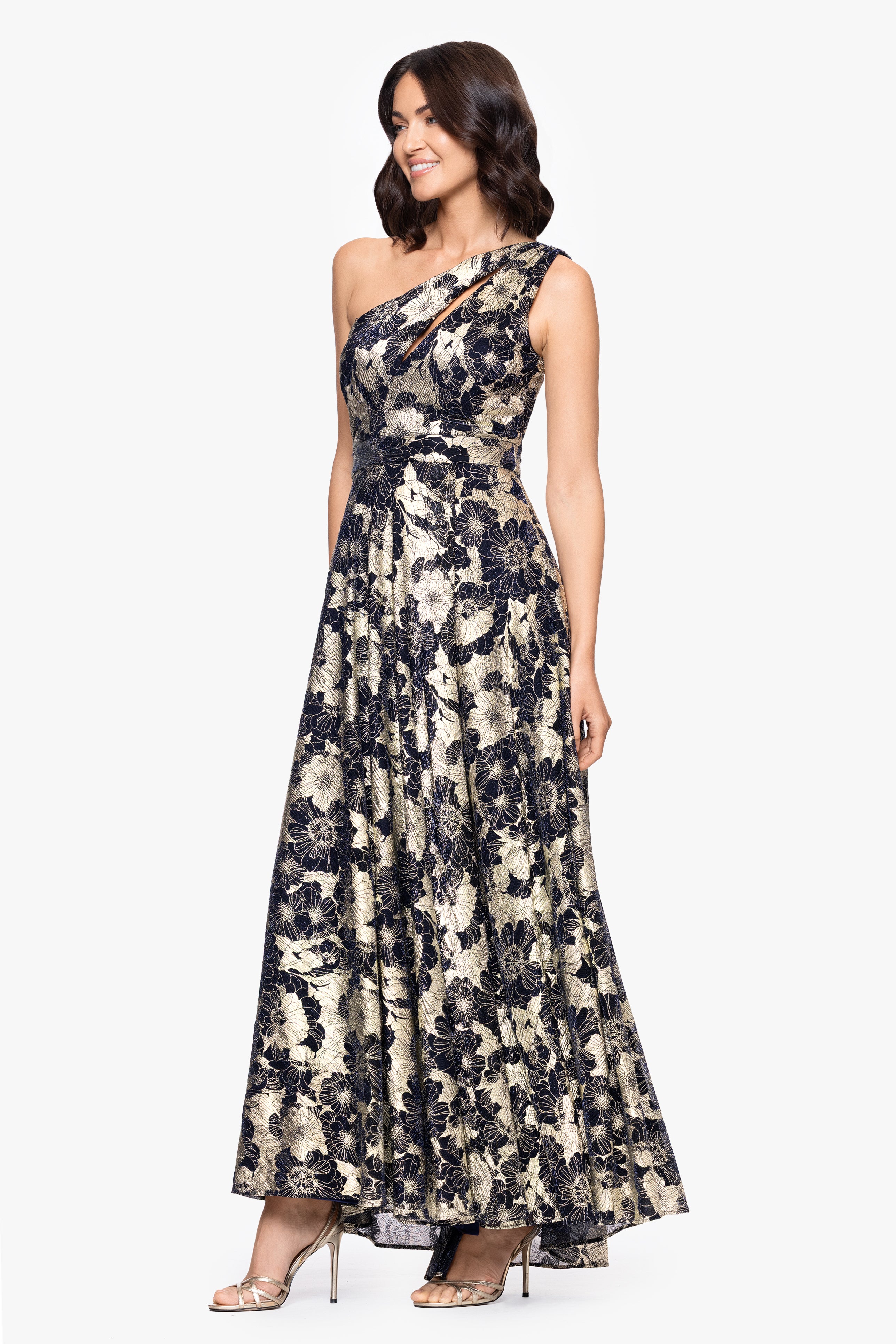 "Gwen" Long One Shoulder Wrap Foil Flower Dress
