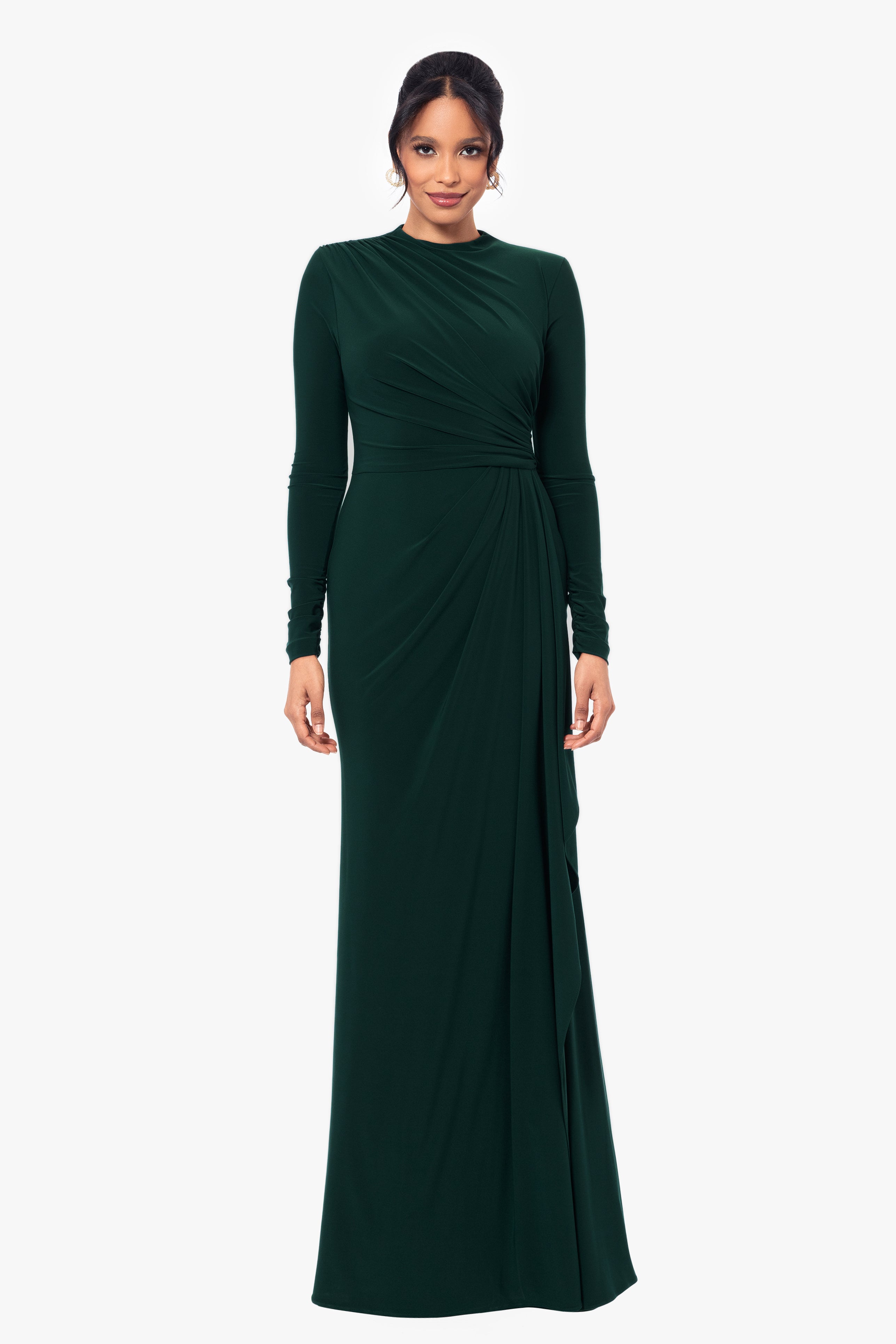 "Jeanette" Long Sleeve Stretch Knit Side Ruffle Dress