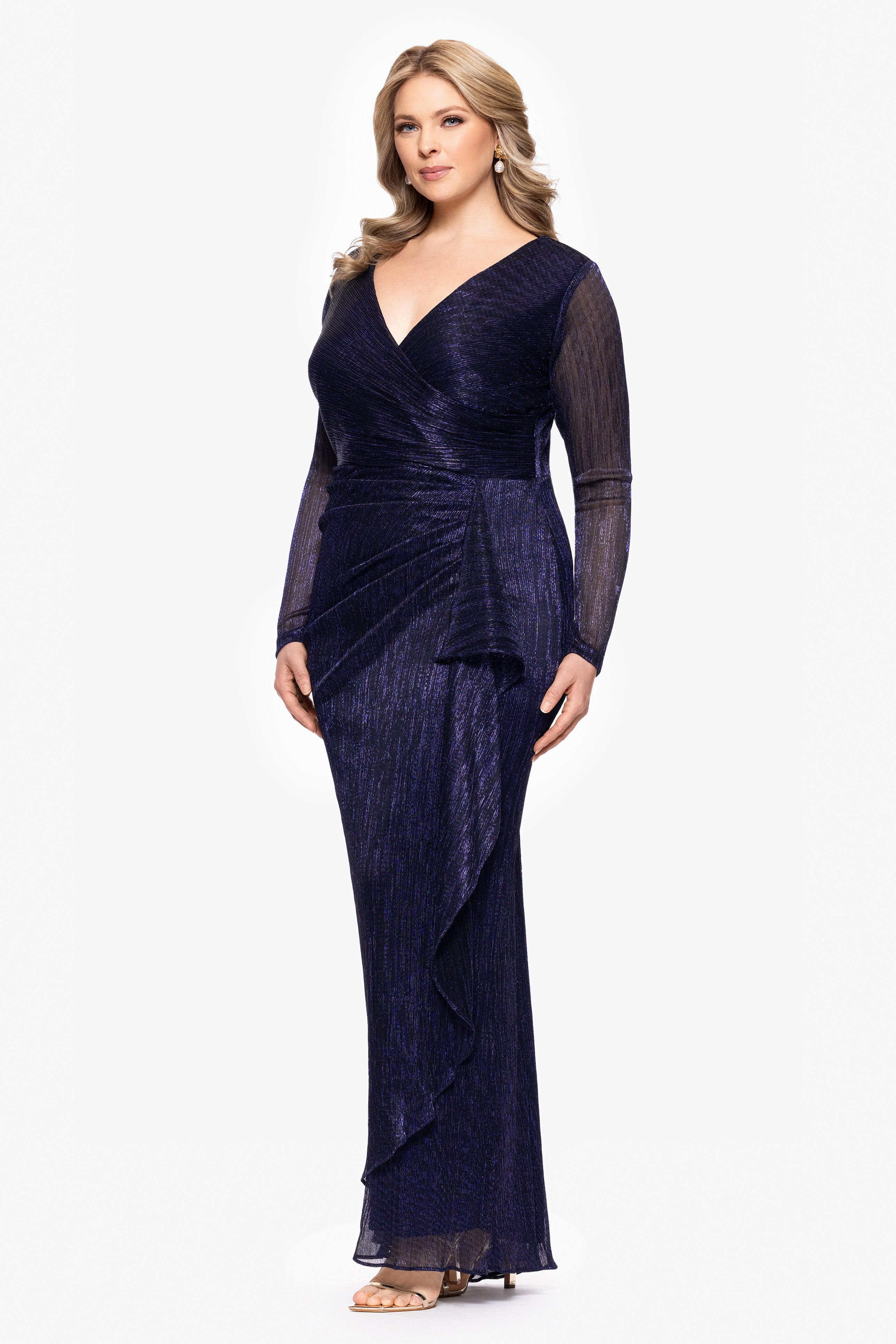 Plus "Maggie" Long Pleated Metallic V-Neck Dress