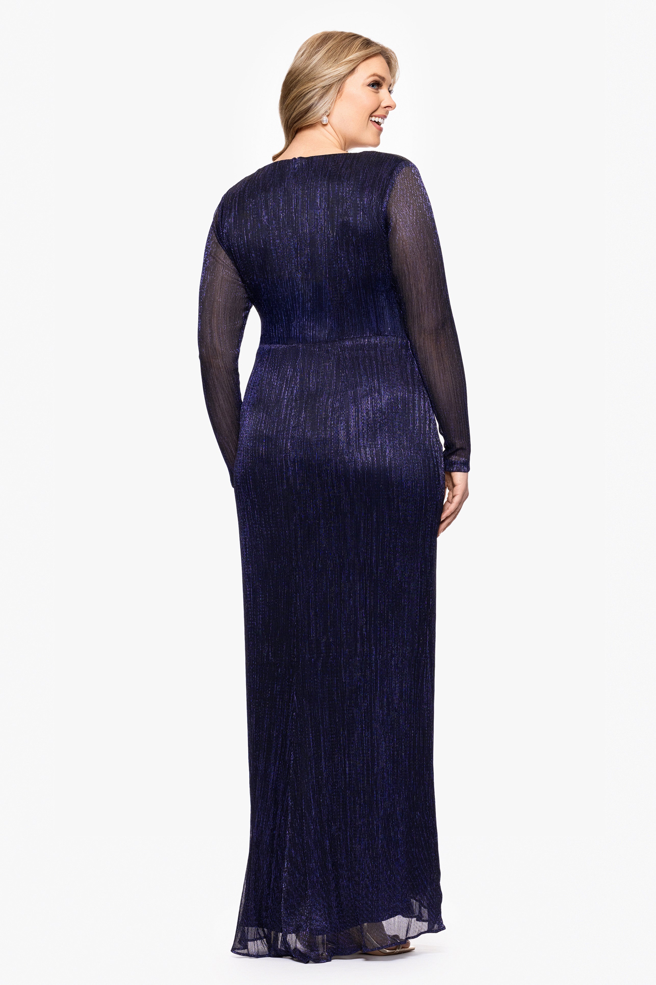 Plus "Maggie" Long Pleated Metallic V-Neck Dress