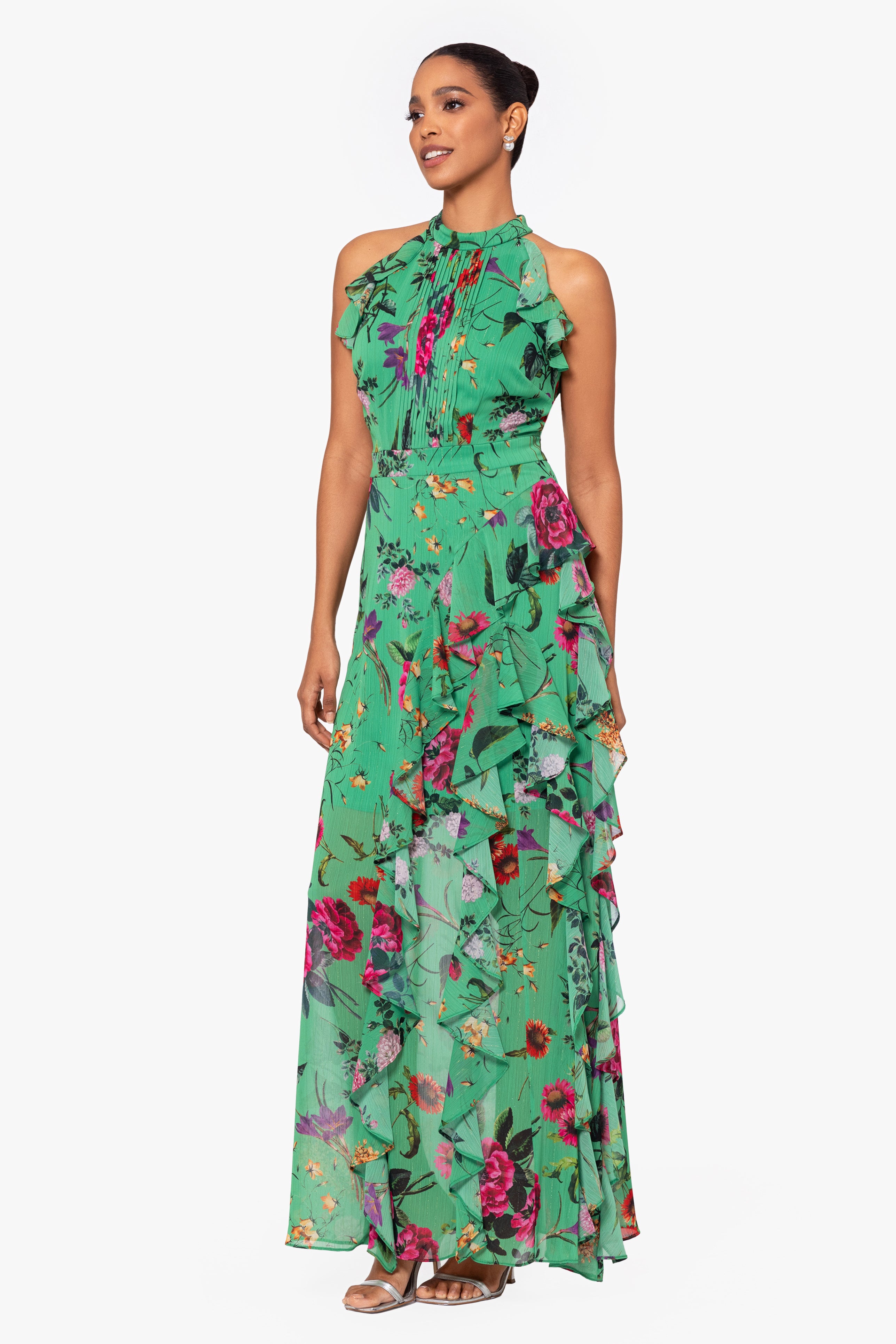 Petite "Sandy" Long Chiffon Floral Ruffle Dress