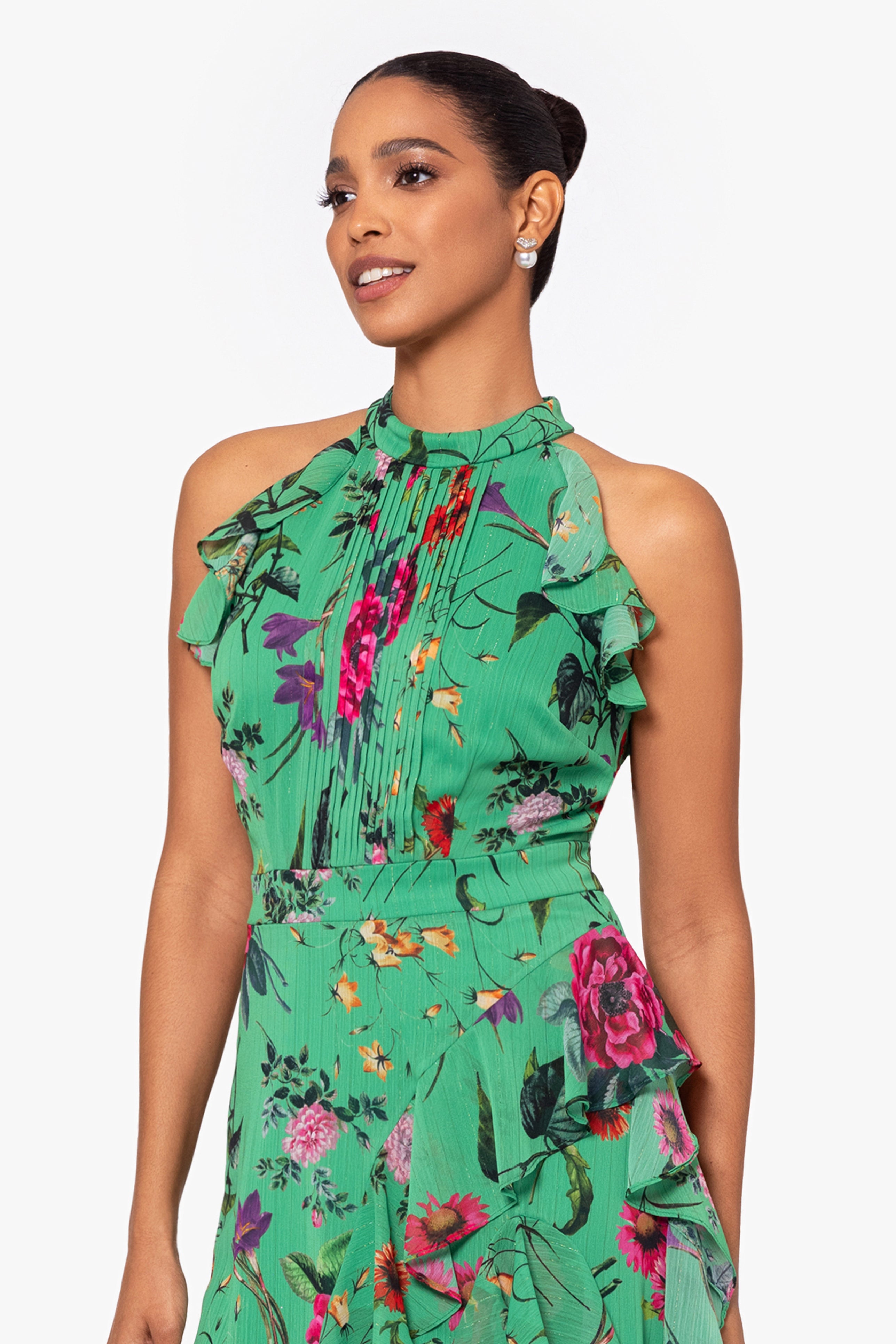Petite "Sandy" Long Chiffon Floral Ruffle Dress