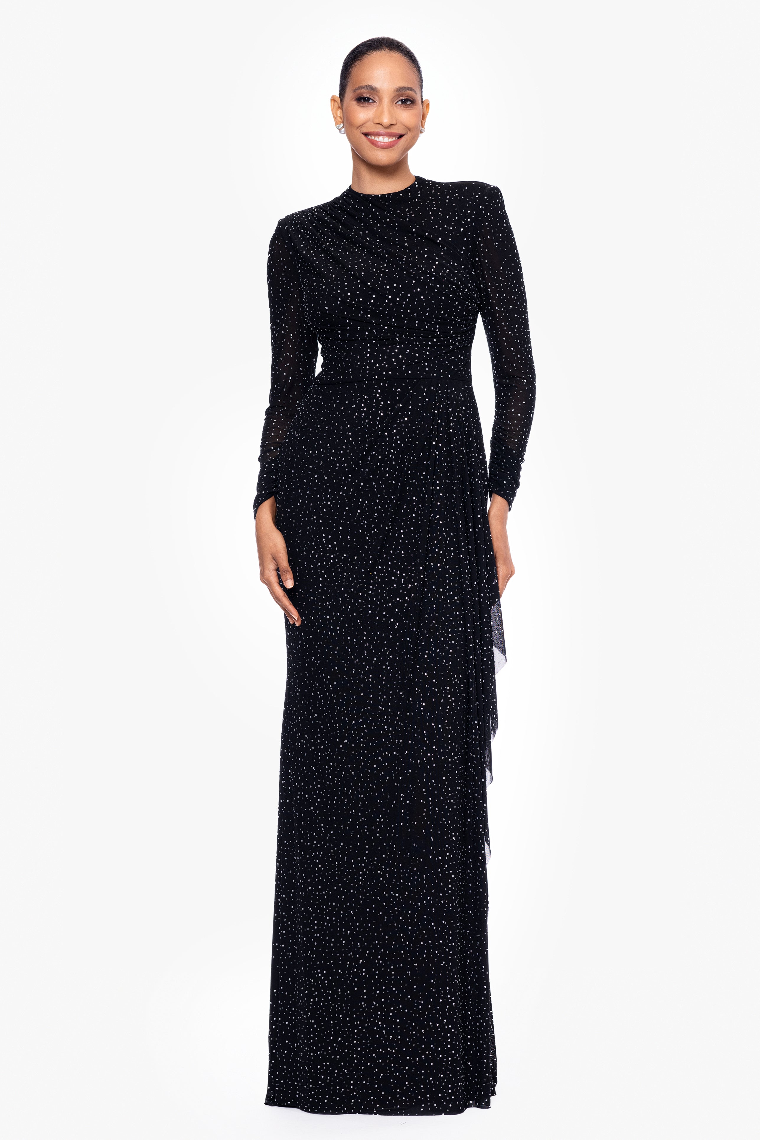 "Devin" Long Power Mesh Embellished Long Sleeve Dress