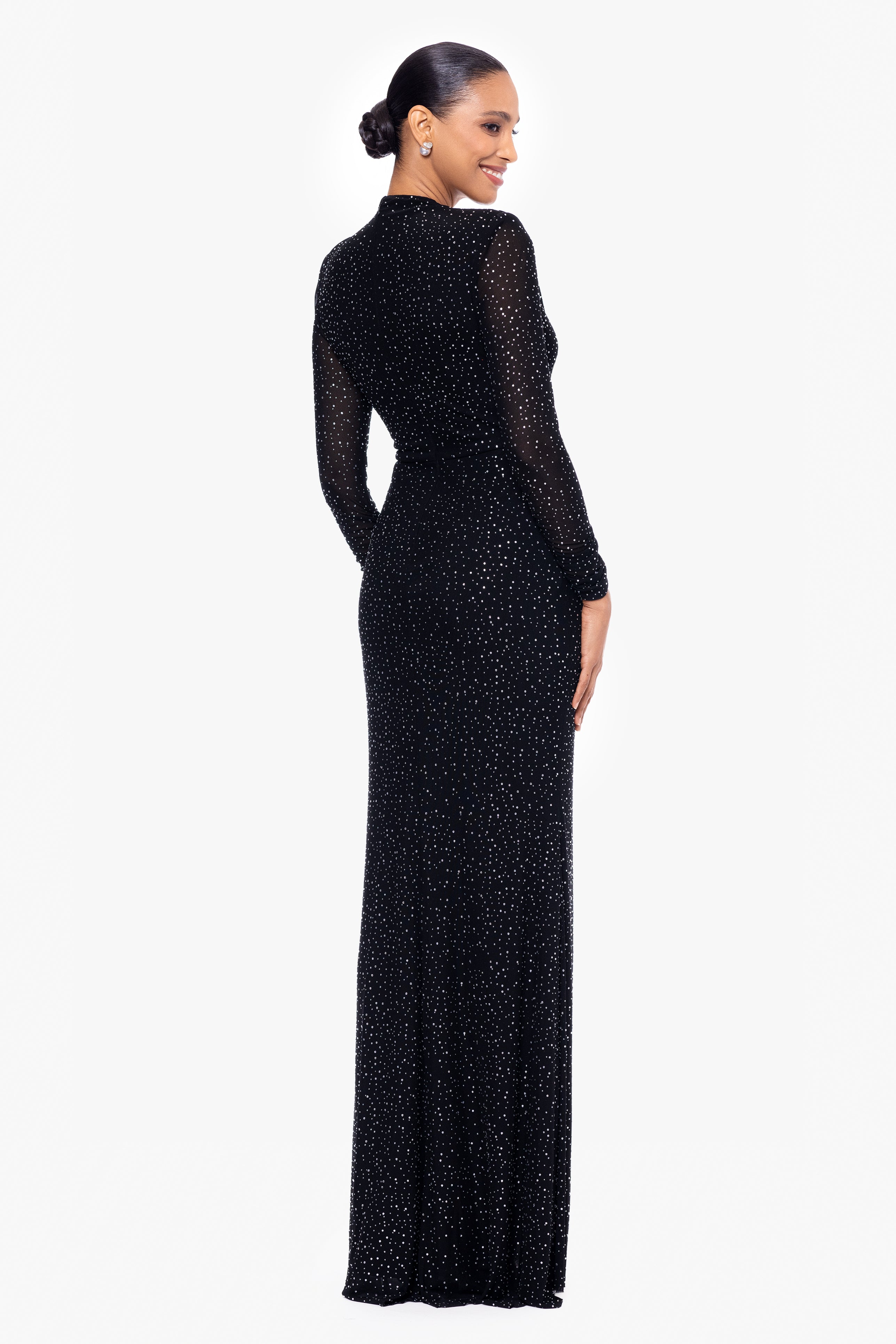"Devin" Long Power Mesh Embellished Long Sleeve Dress