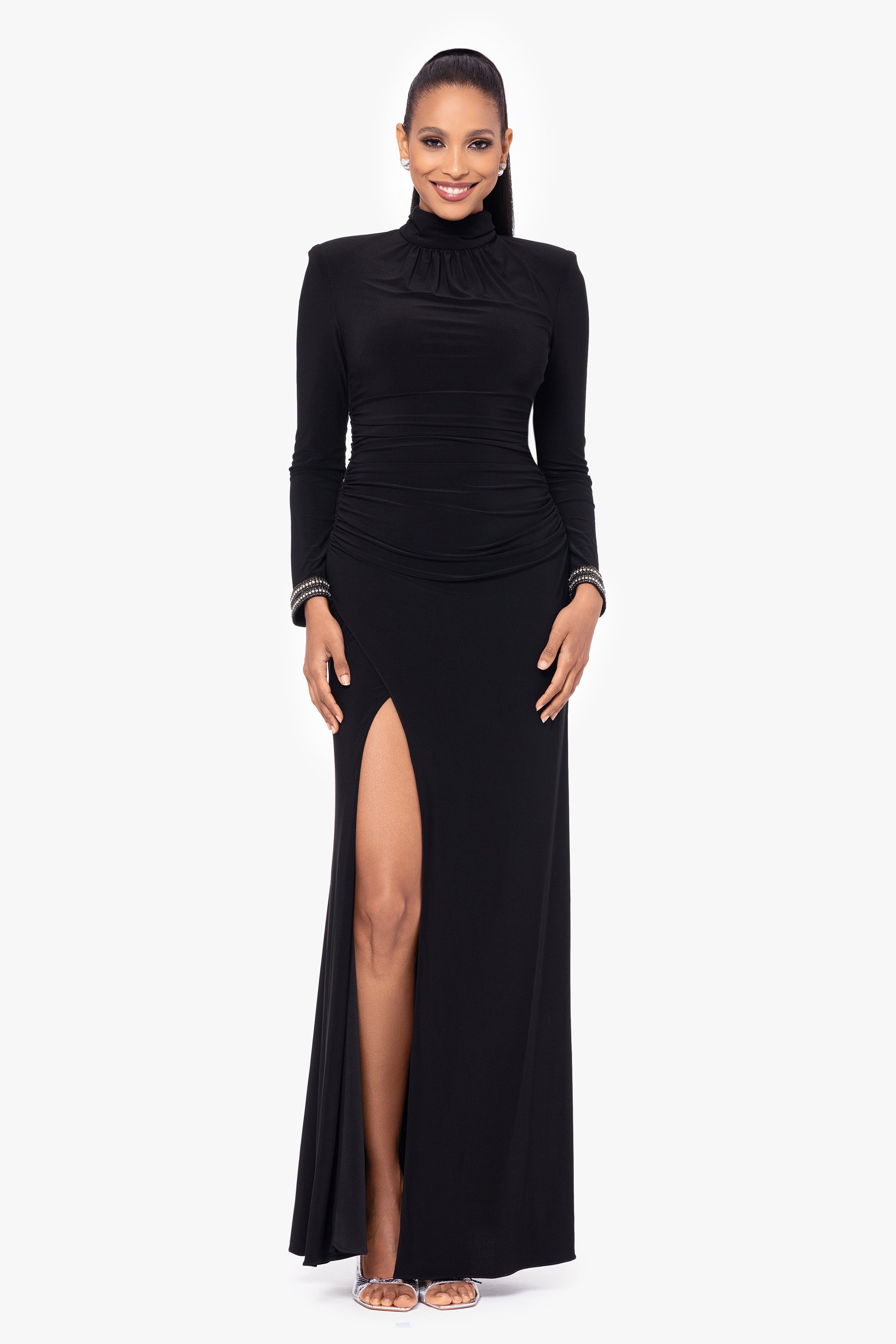 Petite "Roxie" Long Jersey Knit Mock Neck Embellished Wrist Floor Length Dress