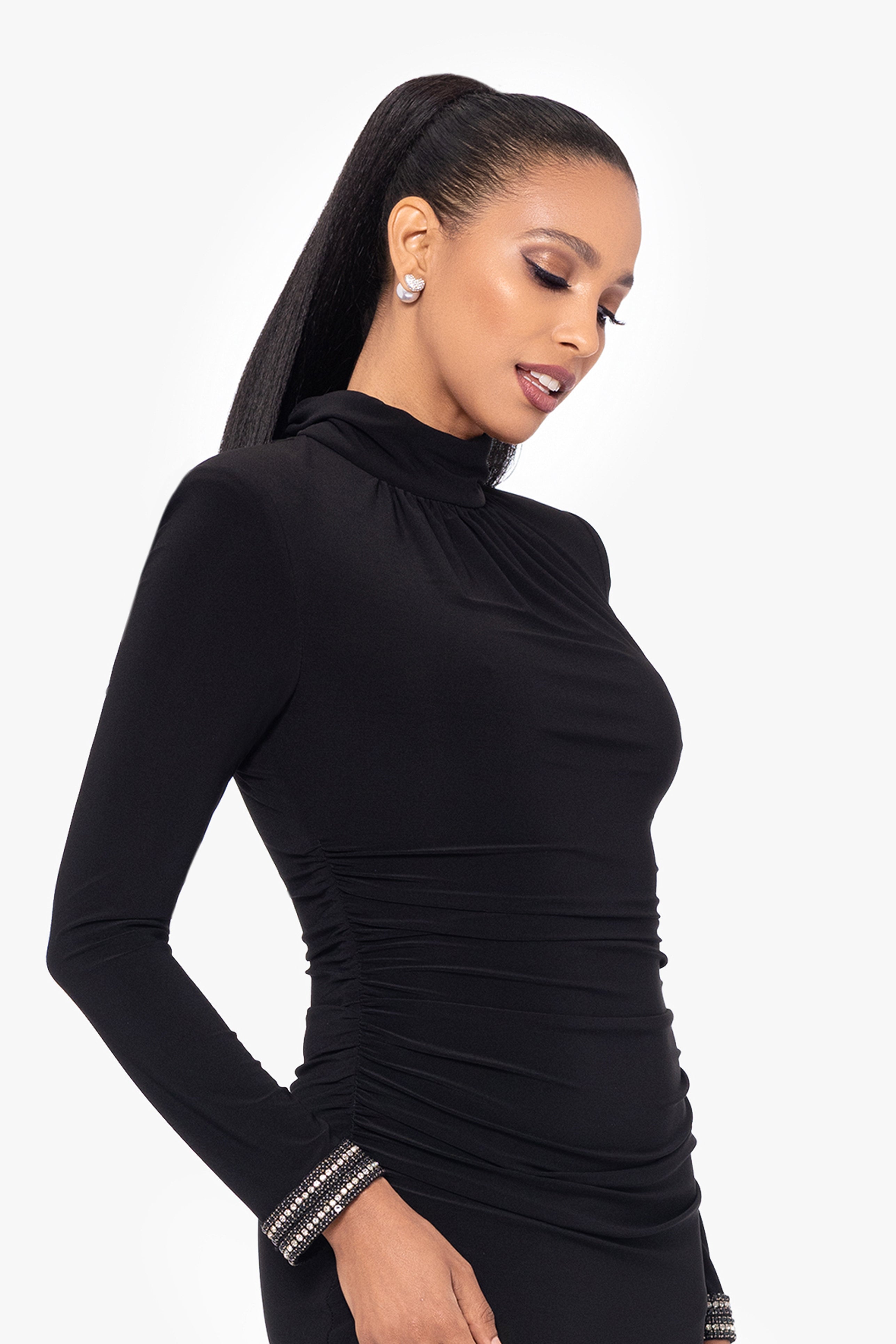 Petite "Roxie" Long Jersey Knit Mock Neck Embellished Wrist Floor Length Dress