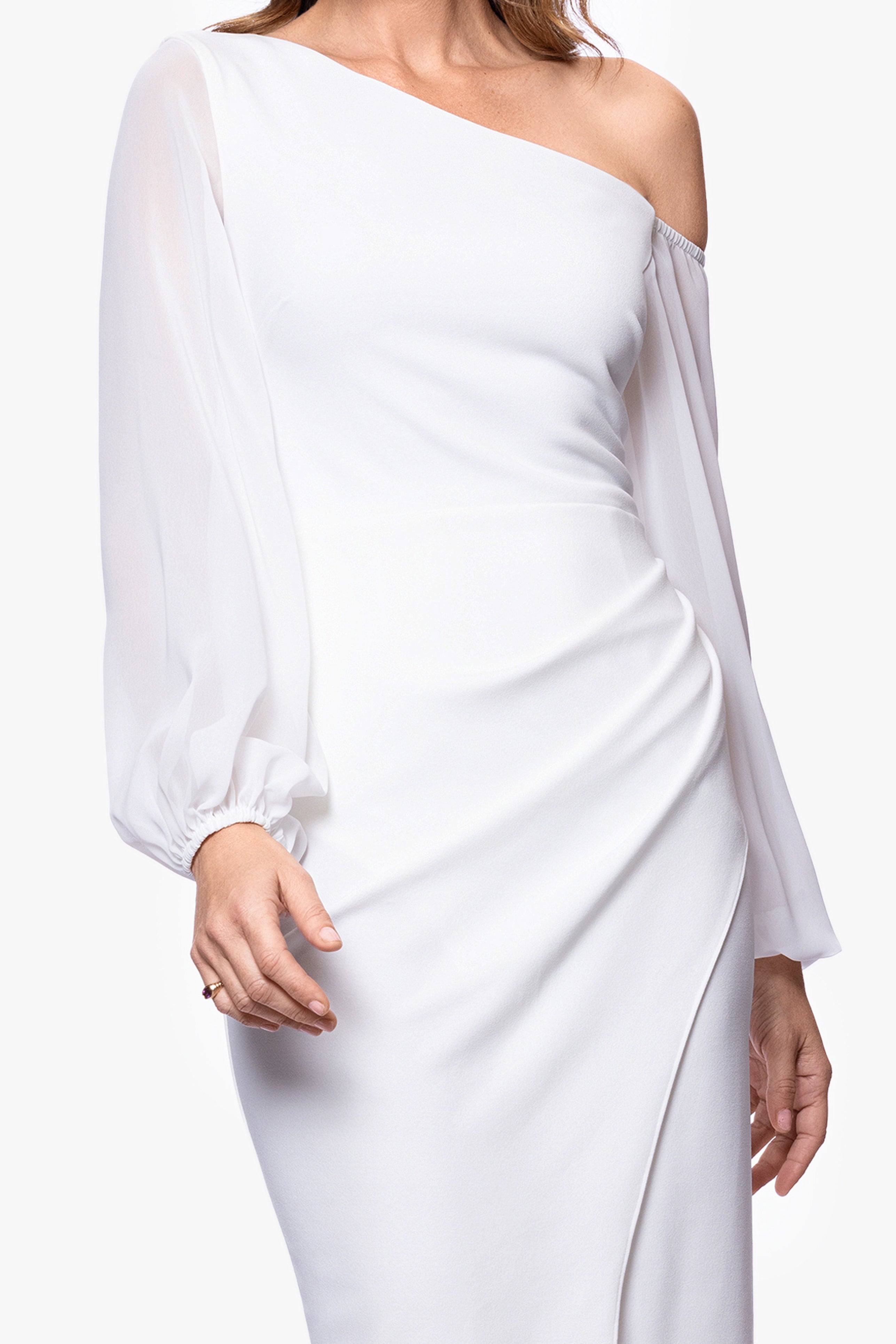 "Alara" Knee Length Off the Shoulder Mesh Long Sleeve Scuba Crepe Dress