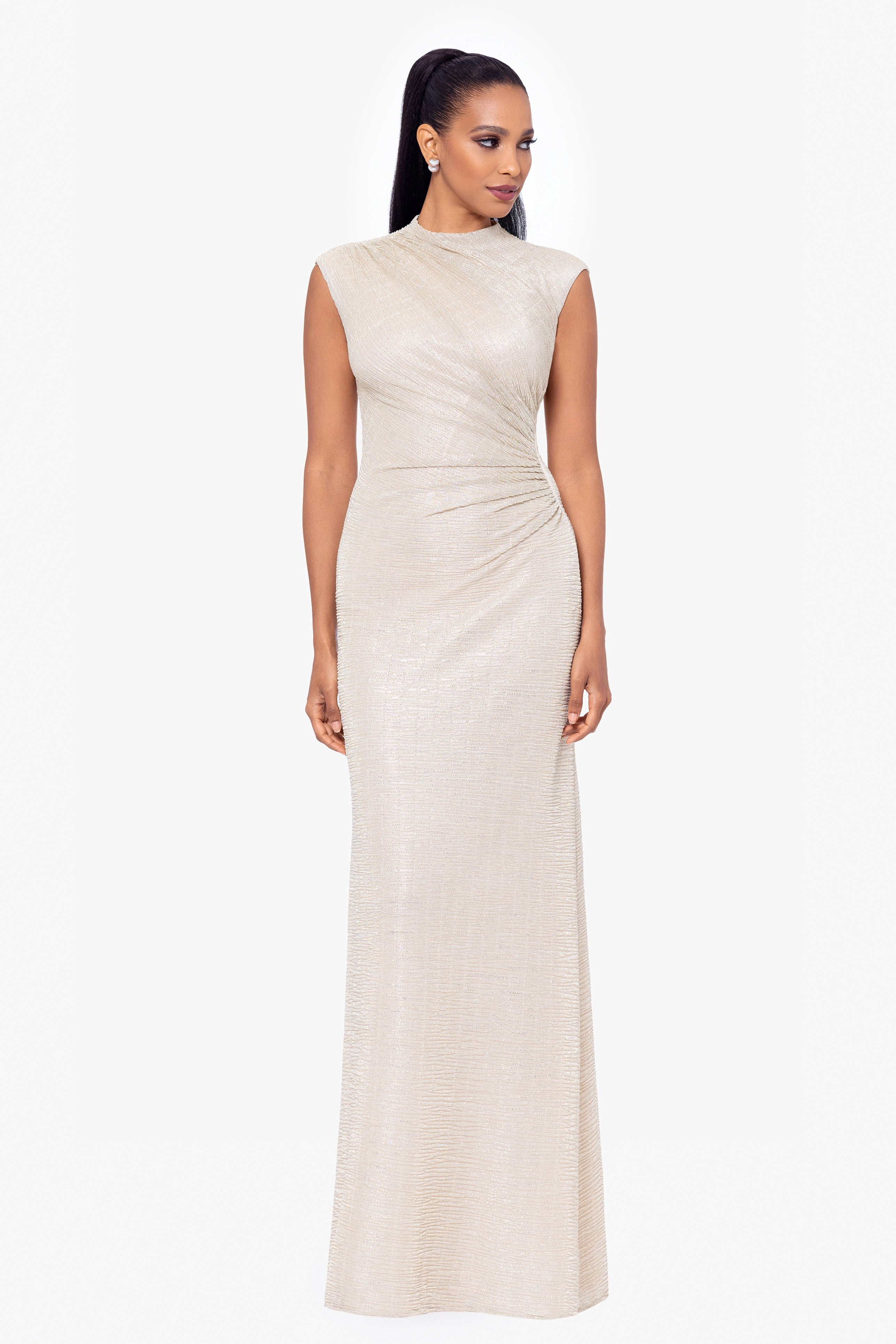 "Bethany" Crinkle Metallic Rouched Floor Length Dress