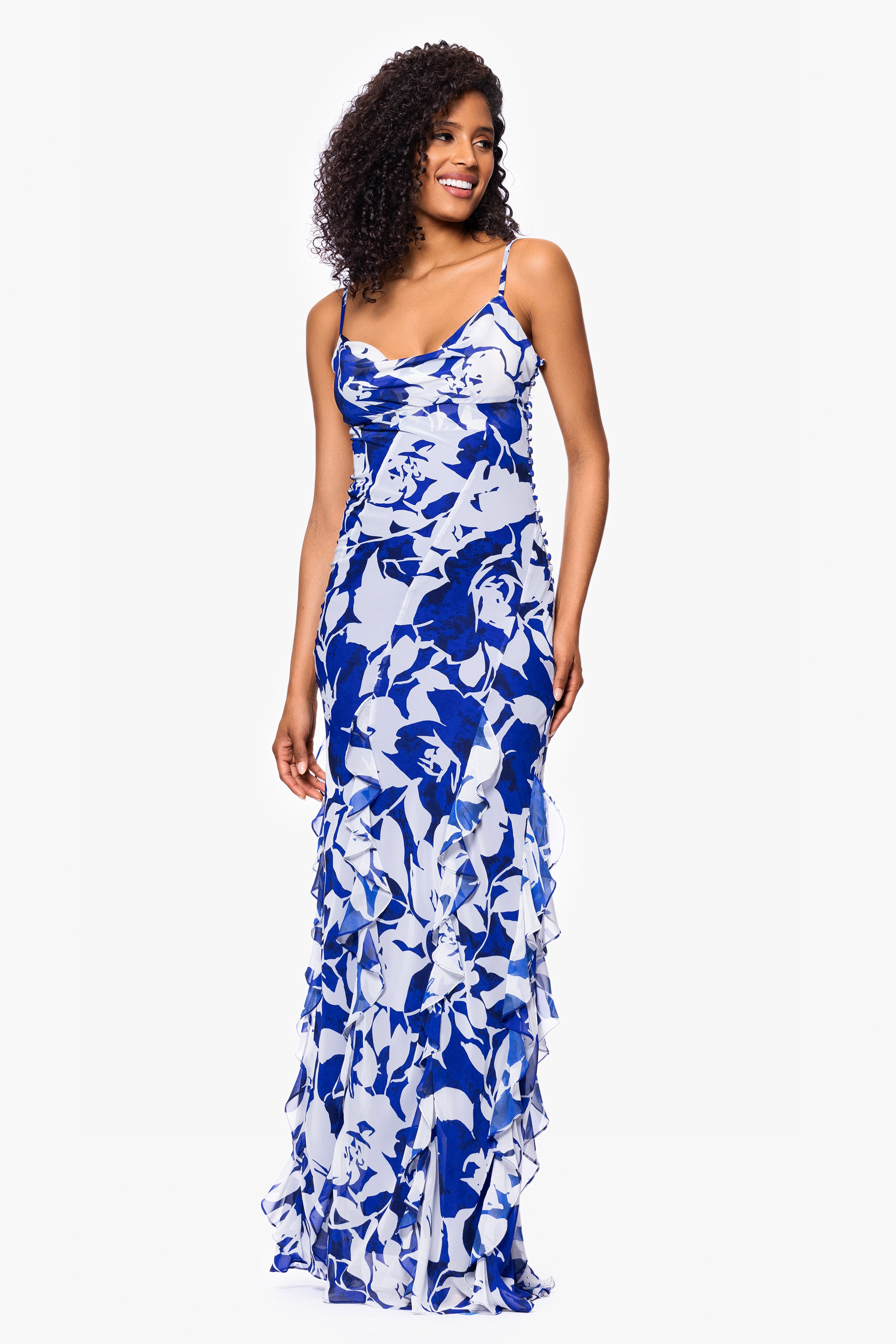 "Georgina" Print Chiffon Ruffle Floor Length Dress