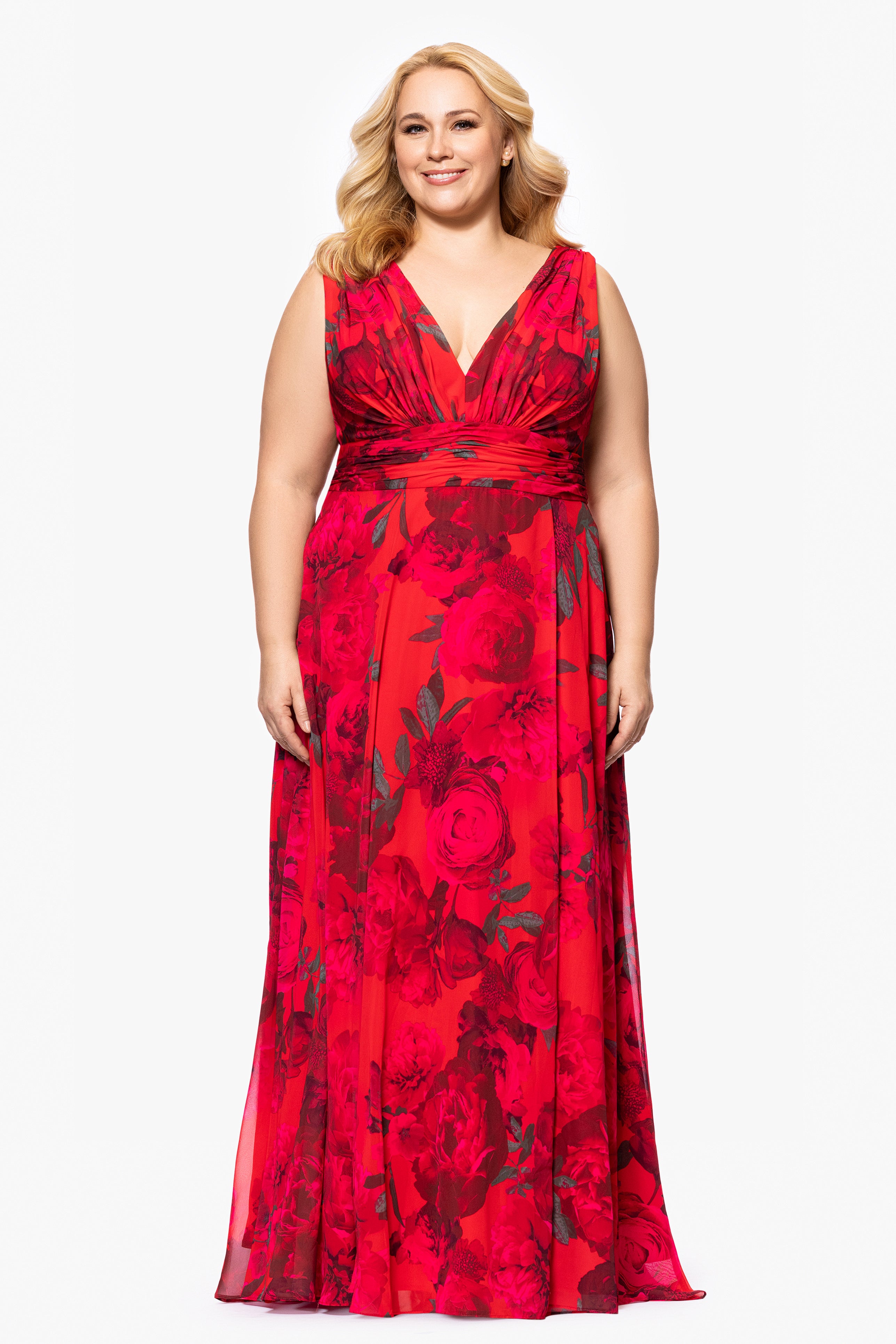 Plus "Jody" Print Chiffon V-Neck Floor Length Dress