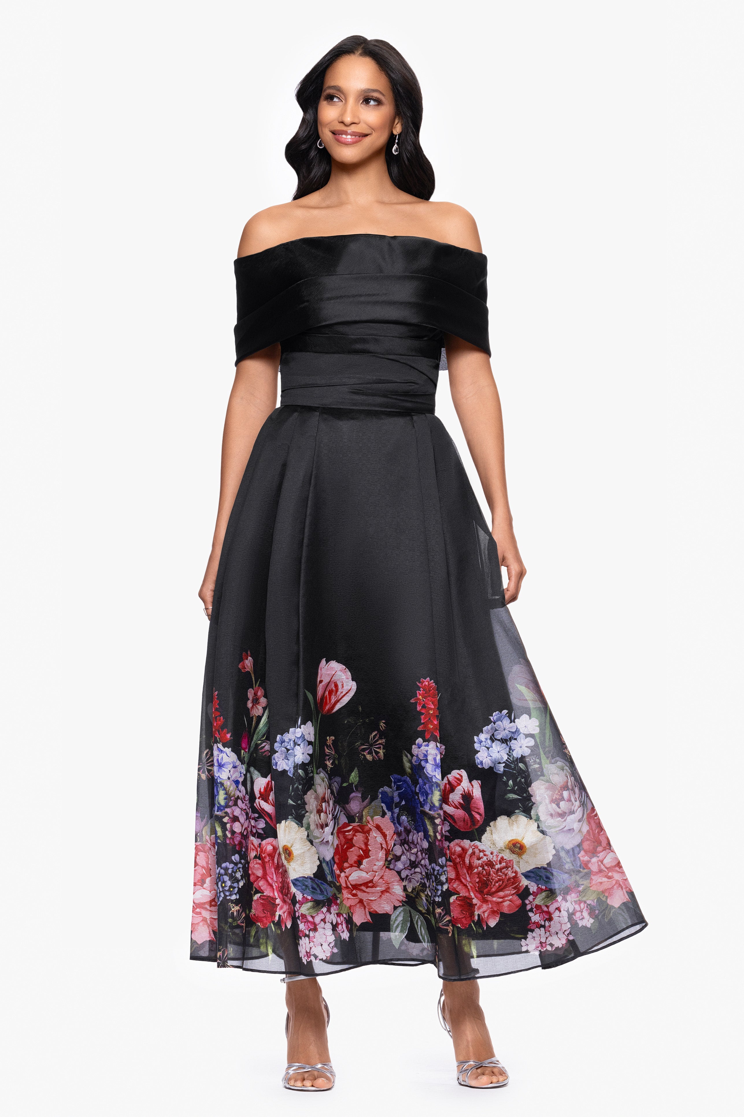 "Tabitha" Organza Print Off the Shoulder Midi Dress