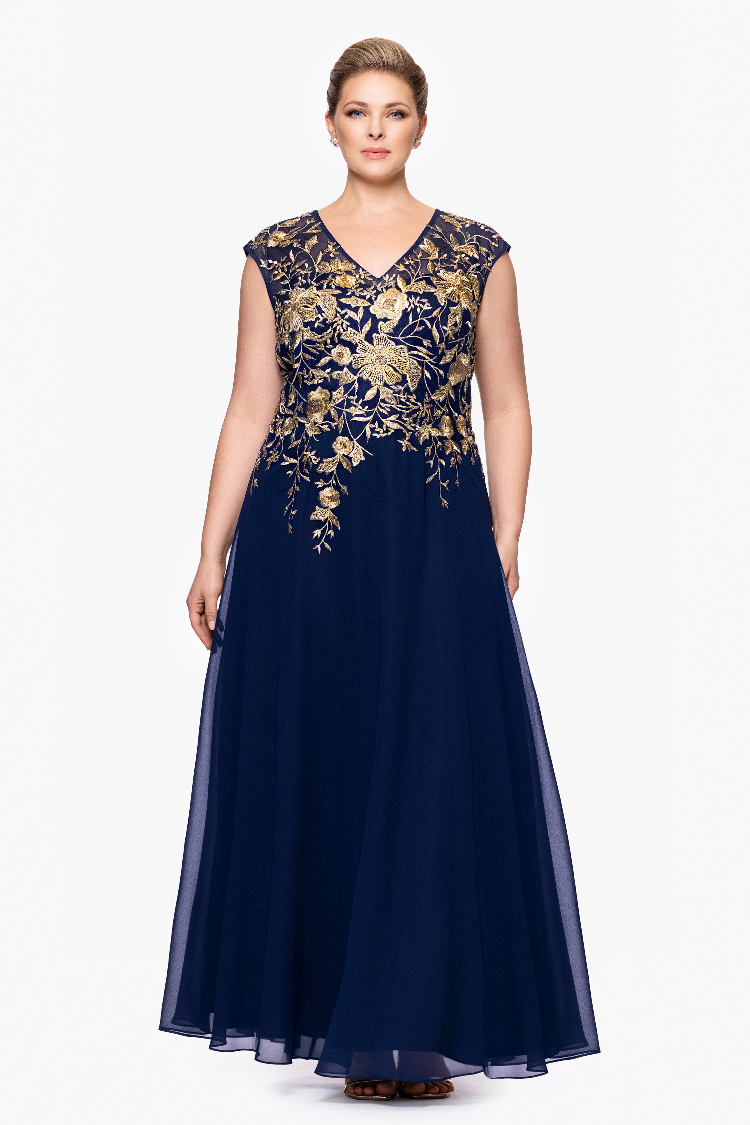 Plus "Maeve" Chiffon Embroidered Bodice Floor Length Dress